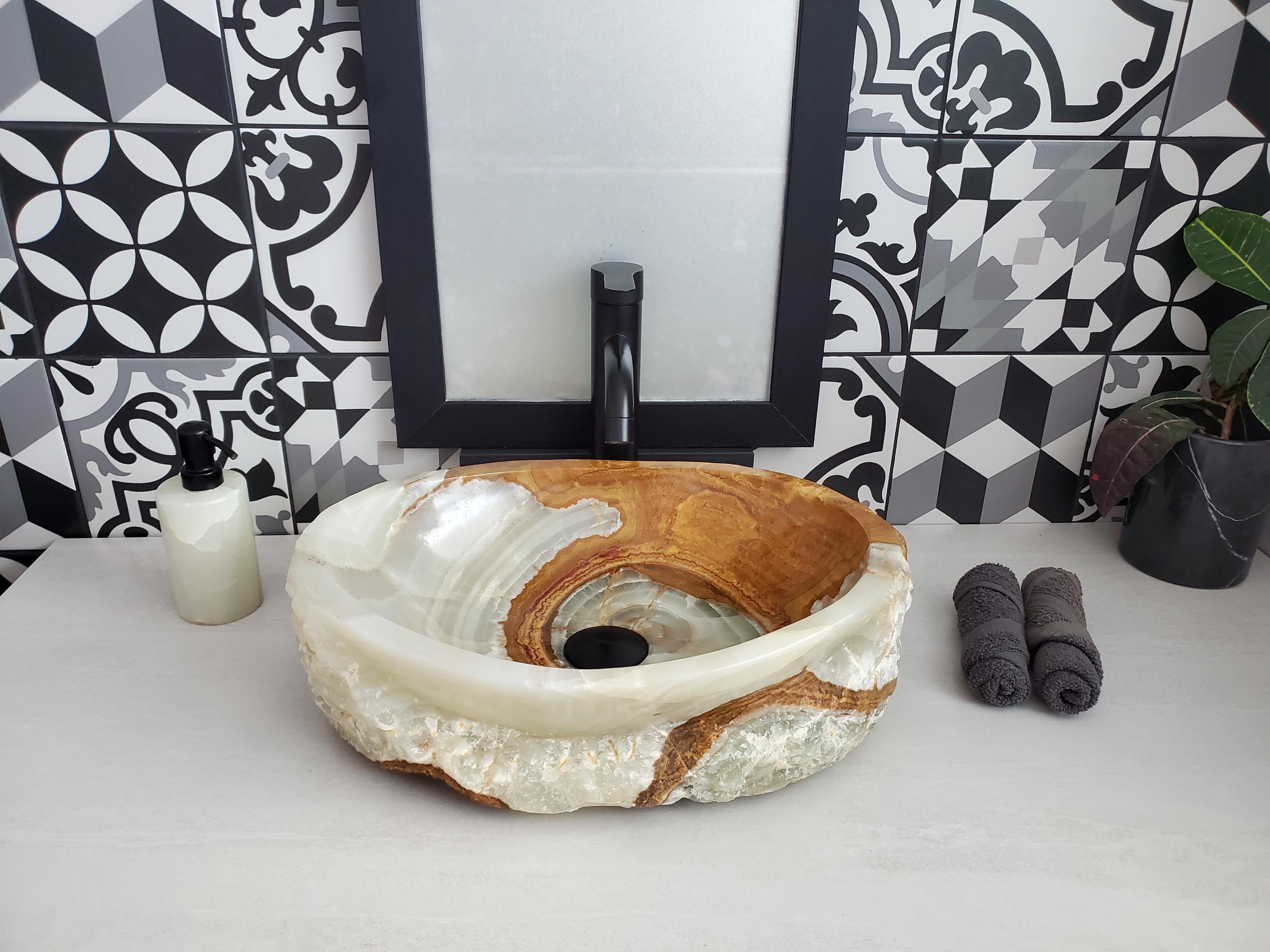Green Onyx Vessel Sink – Oval Natural Stone Countertop Sink, Polished Vanity Basin, Luxury Spa Bathroom Decor 17x13 Inch Above Counter sink Bathroom Décor beige tan taupe hand basin bowl handmade powder room Home design trends luxury bathroom Marble Onix Rock modern contemporary natural stone sink plumbing fixture Rectangle Vessel Tan Rustic Onyx Vessel Sinks Translucent Polish