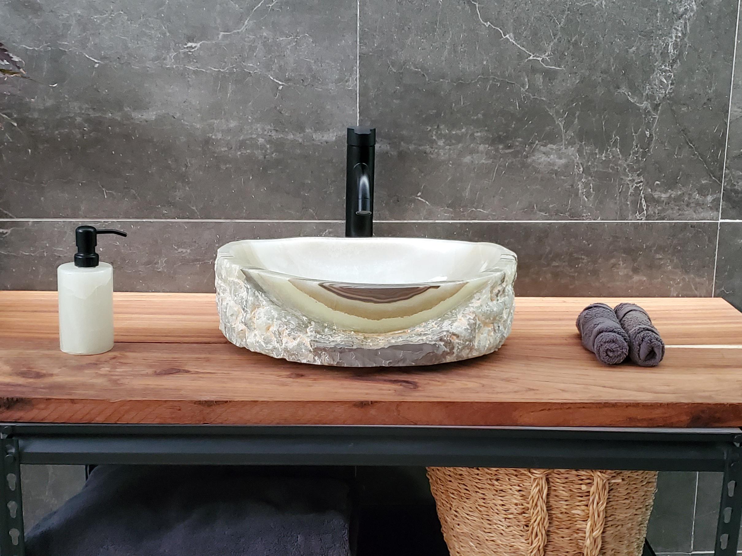 Green Onyx Marble Vessel Sink, 16.5x12.5 Inch Natural Stone Countertop Basin, Polished Luxury Vanity Sink, Spa Bathroom Decor Above Counter sink Bathroom Décor beige tan taupe hand basin bowl handmade powder room Home design trends luxury bathroom Marble Onix Rock modern contemporary natural stone sink plumbing fixture Rectangle Vessel Tan Rustic Onyx Vessel Sinks Translucent Polish