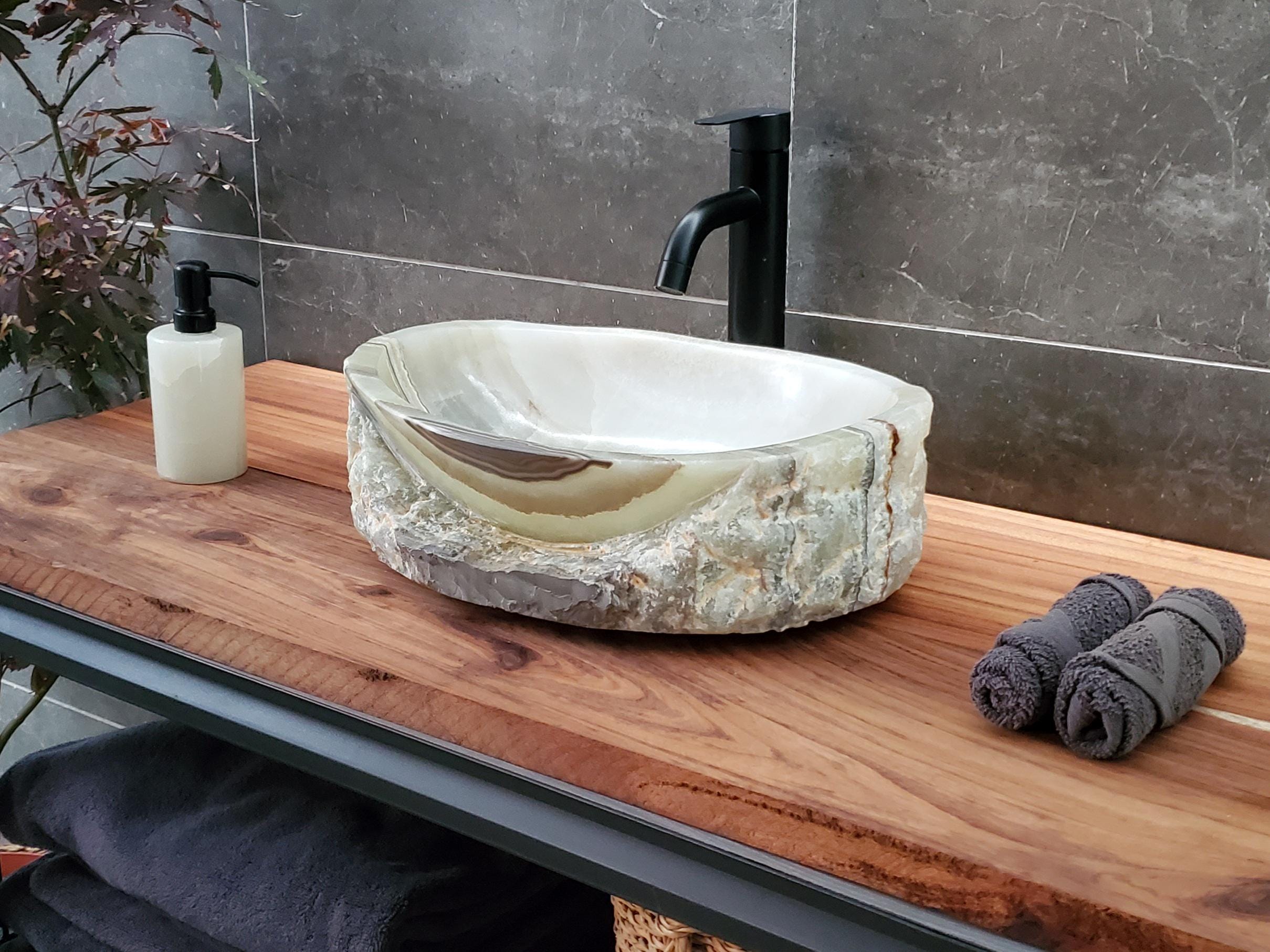 Green Onyx Marble Vessel Sink, 16.5x12.5 Inch Natural Stone Countertop Basin, Polished Luxury Vanity Sink, Spa Bathroom Decor Above Counter sink Bathroom Décor beige tan taupe hand basin bowl handmade powder room Home design trends luxury bathroom Marble Onix Rock modern contemporary natural stone sink plumbing fixture Rectangle Vessel Tan Rustic Onyx Vessel Sinks Translucent Polish