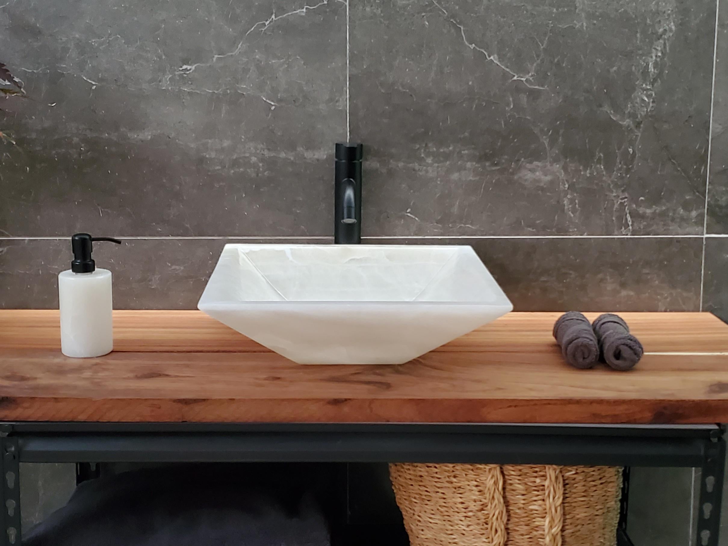 White Onyx Marble Vessel Sink – Natural Stone Countertop Sink, Polished Vanity Basin, Luxury Spa Bathroom Decor 15.8x15.8 Inch Above Counter sink Bathroom Décor beige tan taupe hand basin bowl handmade powder room Home design trends luxury bathroom Marble Onix Rock modern contemporary natural stone sink plumbing fixture Polished Onyx Sinks Rectangle Vessel Tan Translucent Polish