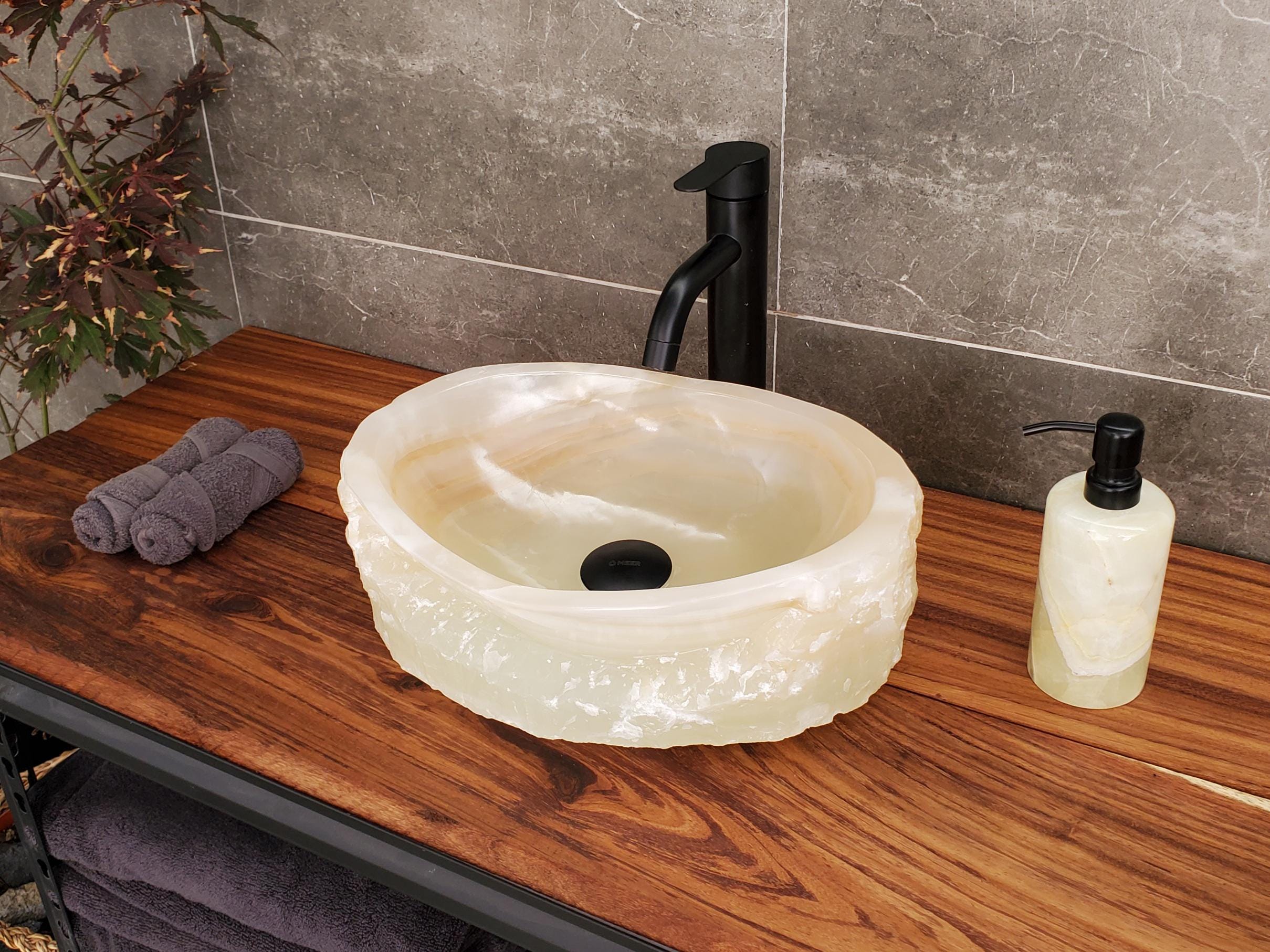 Cream White Onyx Marble Vessel Sink, Natural Stone Vanity Basin, Polished Bathroom Countertop Sink, Spa Decor 15.5x11.5 Inch Above Counter sink Bathroom Décor beige tan taupe hand basin bowl handmade powder room Home design trends luxury bathroom Marble Onix Rock modern contemporary natural stone sink plumbing fixture Rectangle Vessel Tan Rustic Onyx Vessel Sinks Translucent Polish