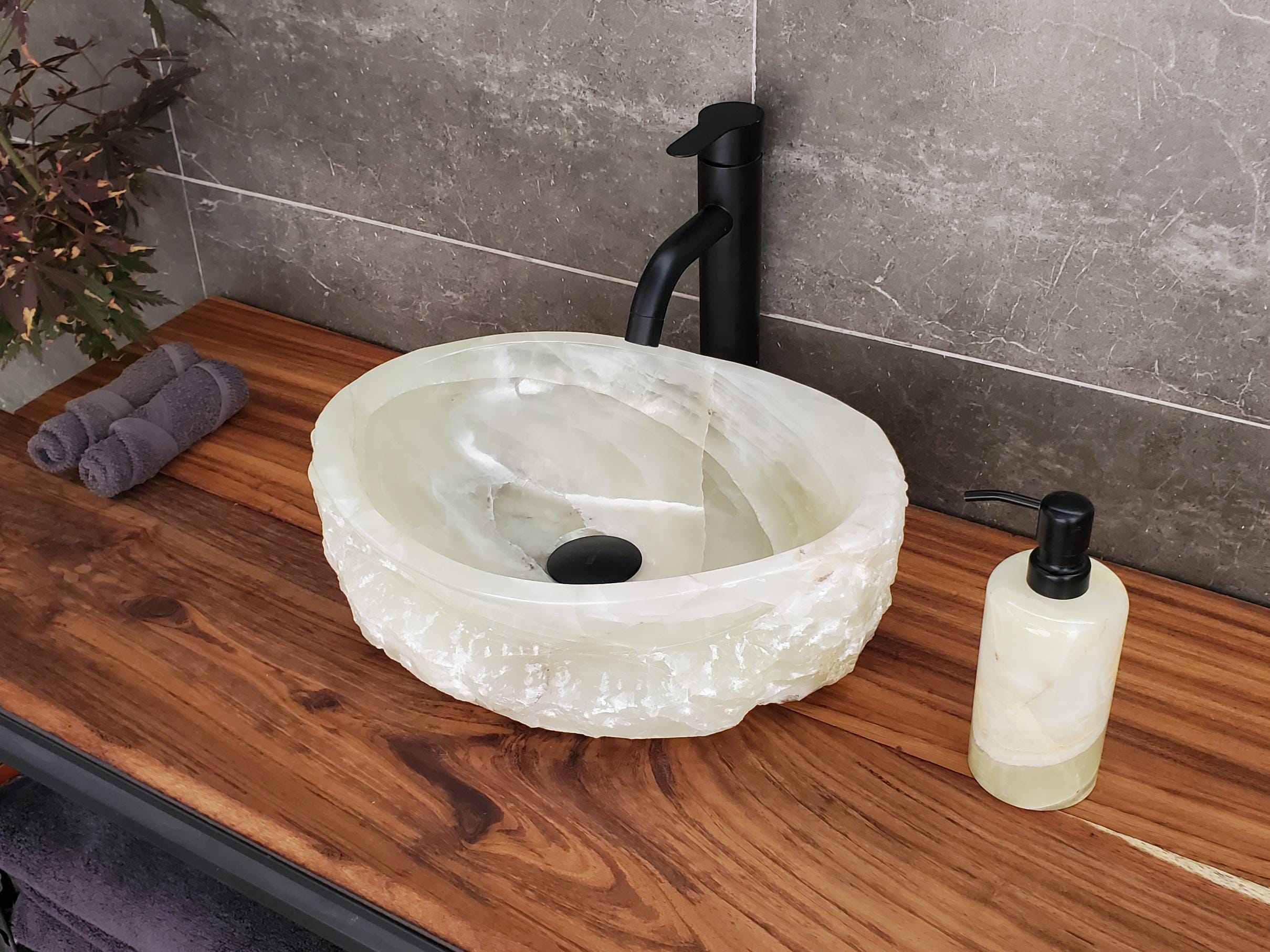Green Onyx Vessel Sink – Oval Natural Stone Countertop Sink, Polished Vanity Basin, Luxury Spa Bathroom Decor 15.5x11.5 Inch Above Counter sink Bathroom Décor beige tan taupe hand basin bowl handmade powder room Home design trends luxury bathroom Marble Onix Rock modern contemporary natural stone sink plumbing fixture Rectangle Vessel Tan Rustic Onyx Vessel Sinks Translucent Polish