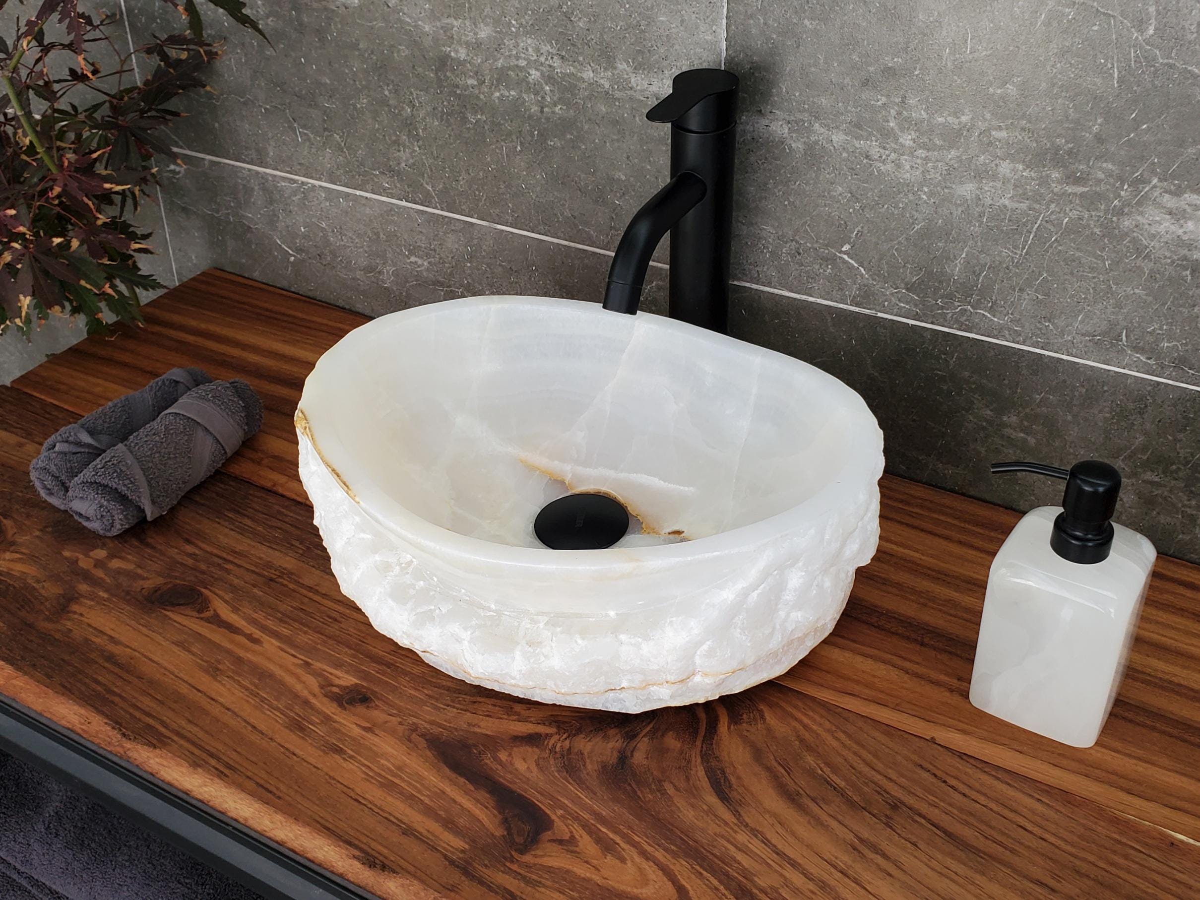 White Onyx Vessel Sink, Natural Stone Vanity Basin, Polished Bathroom Countertop Sink, Spa Decor 15x11.5 Inch Above Counter sink Bathroom Décor beige tan taupe hand basin bowl handmade powder room Home design trends luxury bathroom Marble Onix Rock modern contemporary natural stone sink plumbing fixture Rectangle Vessel Tan Rustic Onyx Vessel Sinks Translucent Polish