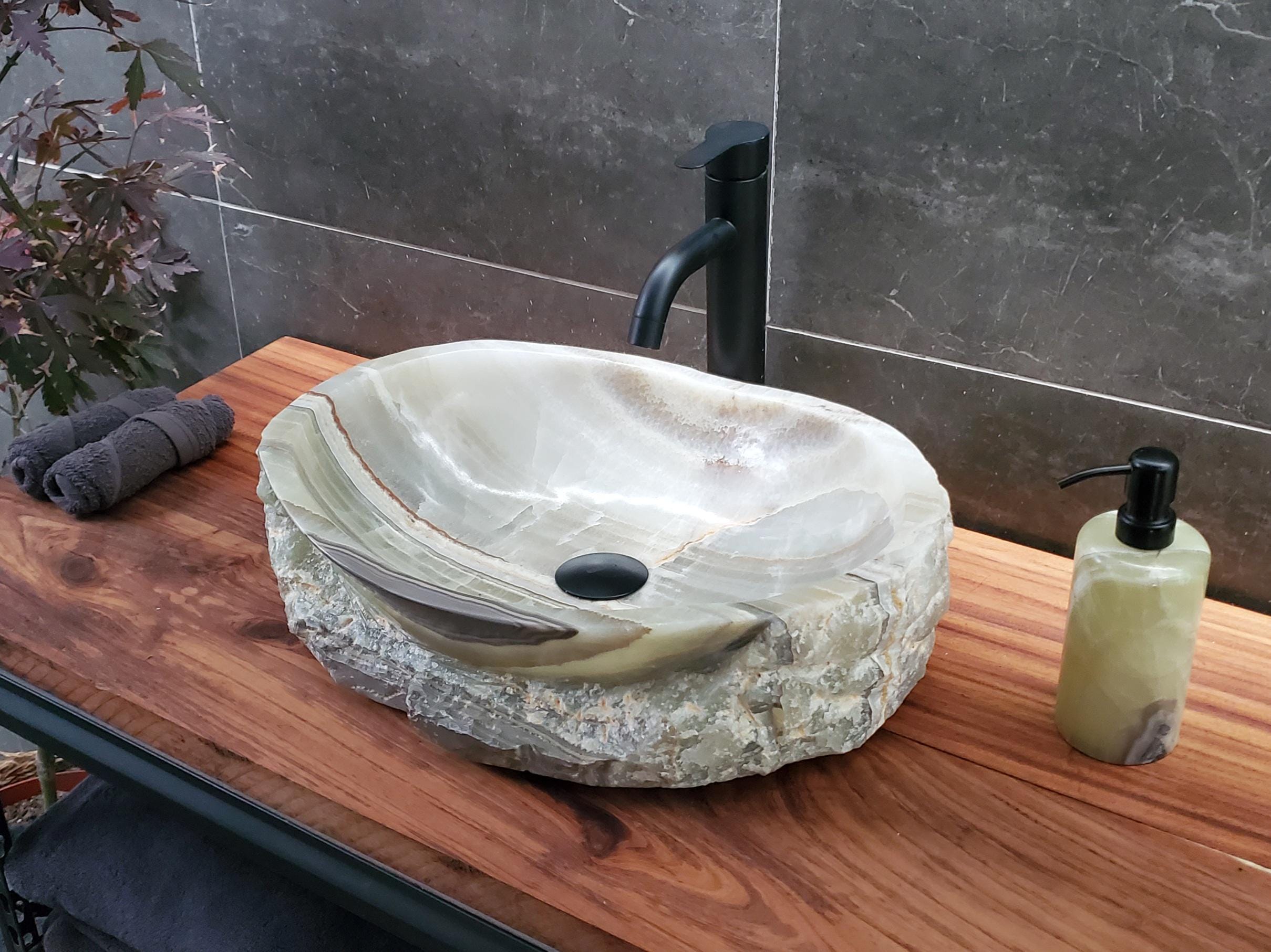 Green Onyx Marble Vessel Sink, 18x13.5 Inch Natural Stone Countertop Basin, Polished Luxury Vanity Sink, Spa Bathroom Decor Above Counter sink Bathroom Décor beige tan taupe hand basin bowl handmade powder room Home design trends luxury bathroom Marble Onix Rock modern contemporary natural stone sink plumbing fixture Rectangle Vessel Tan Rustic Onyx Vessel Sinks Translucent Polish