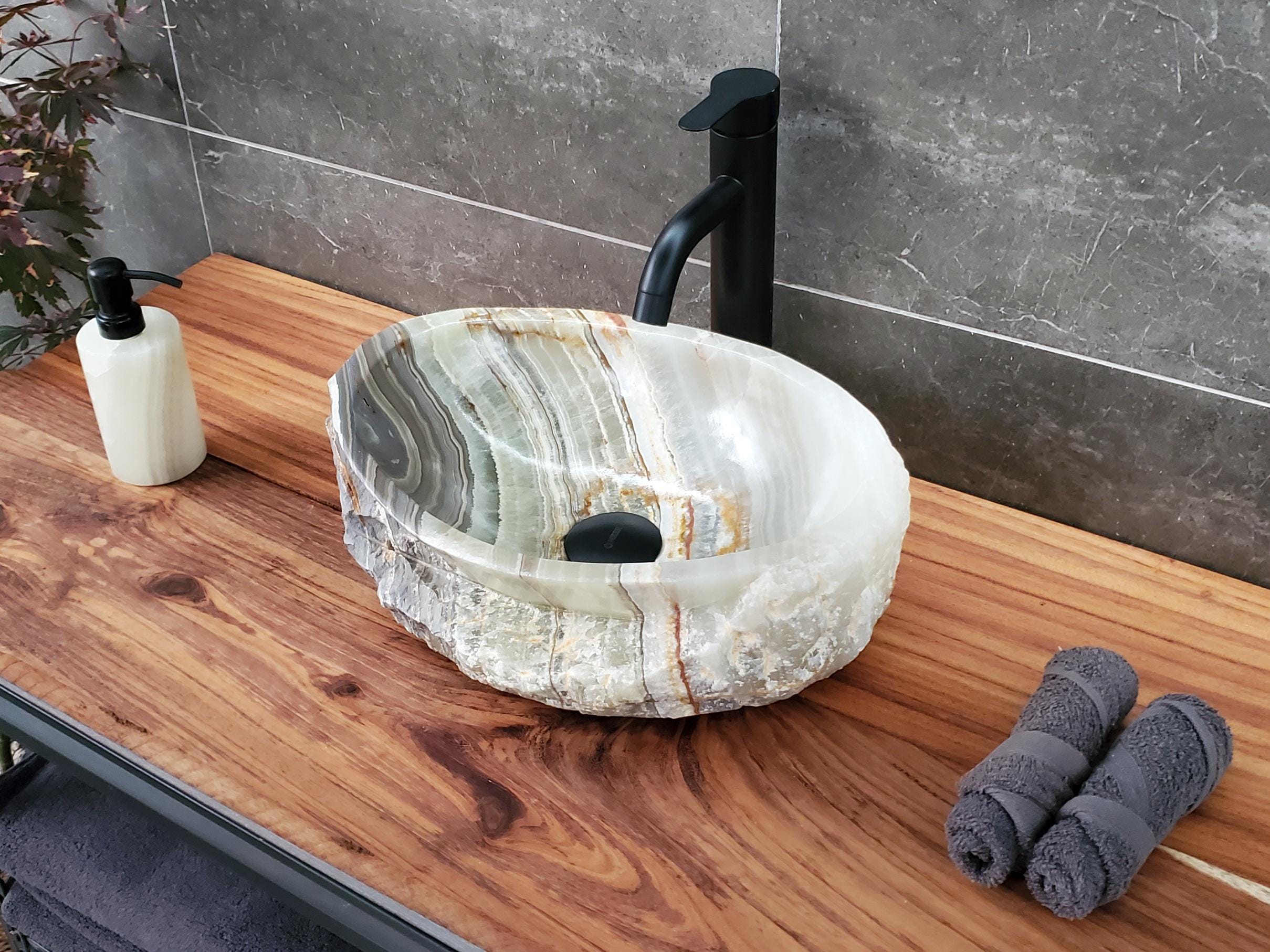 Green Onyx Vessel Sink – Oval Natural Stone Countertop Sink, Polished Vanity Basin, Luxury Spa Bathroom Decor 15.5x11 Inch Above Counter sink Bathroom Décor beige tan taupe hand basin bowl handmade powder room Home design trends luxury bathroom Marble Onix Rock modern contemporary natural stone sink plumbing fixture Rectangle Vessel Tan Rustic Onyx Vessel Sinks Translucent Polish