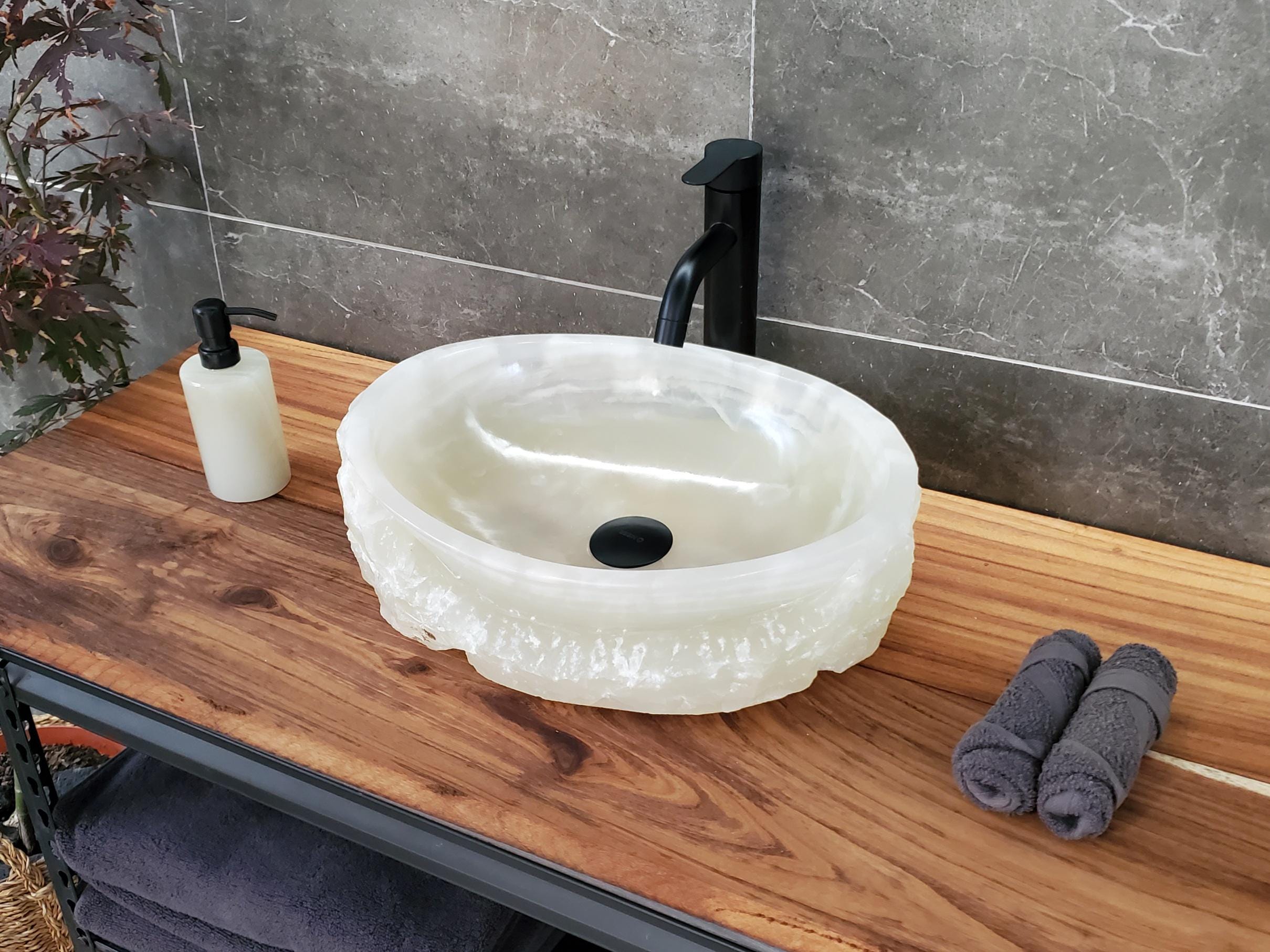 Green White Onyx Marble Vessel Sink, Natural Stone Vanity Basin, Polished Bathroom Countertop Sink, Spa Decor 17x13 Inch Above Counter sink Bathroom Décor beige tan taupe hand basin bowl handmade powder room Home design trends luxury bathroom Marble Onix Rock modern contemporary natural stone sink plumbing fixture Rectangle Vessel Tan Rustic Onyx Vessel Sinks Translucent Polish