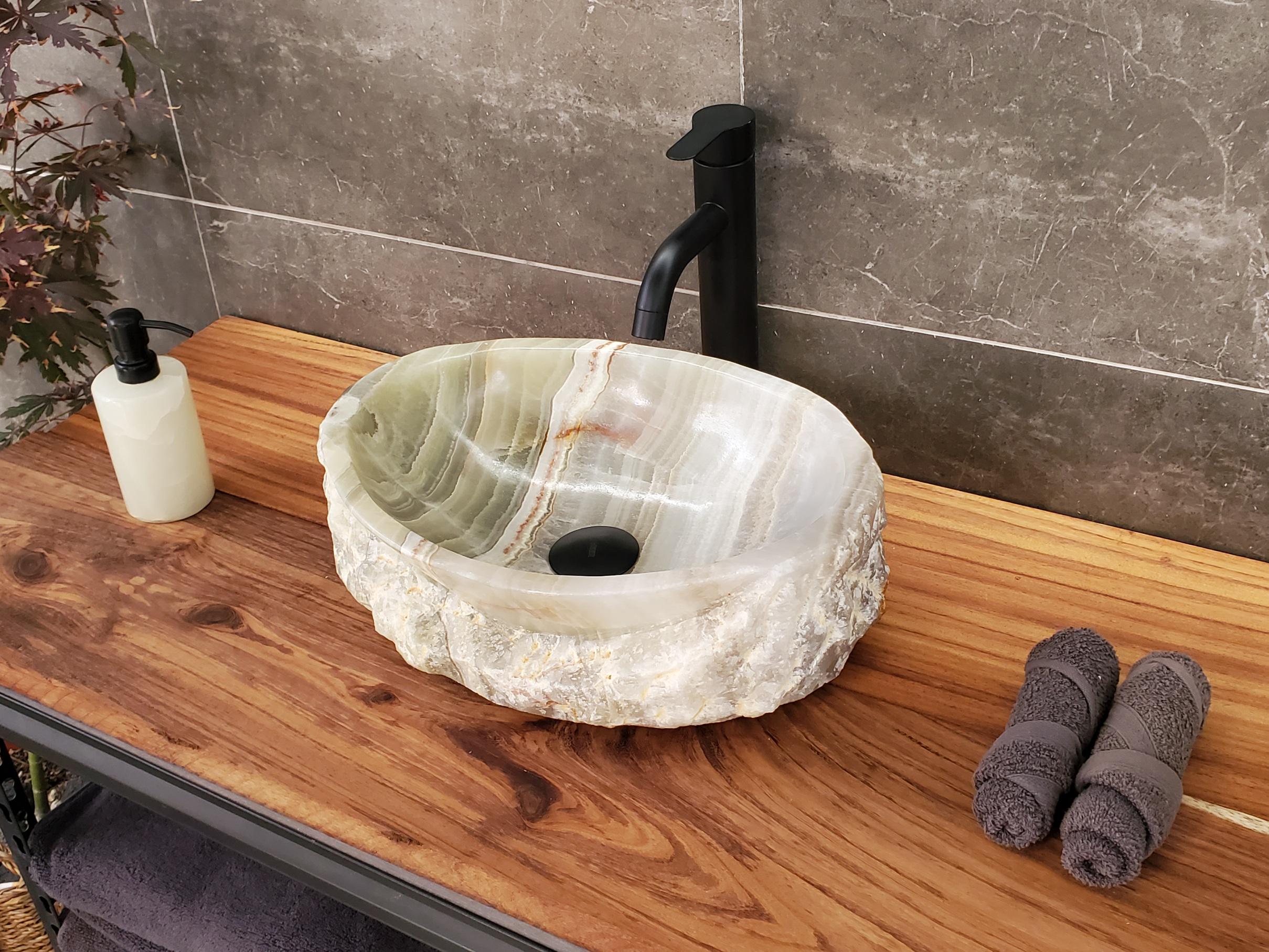 Green Onyx Vessel Sink, Natural Stone Vanity Basin, Polished Bathroom Countertop Sink, Spa Decor 15.5x11.5 Inch Above Counter sink Bathroom Décor beige tan taupe hand basin bowl handmade powder room Home design trends luxury bathroom Marble Onix Rock modern contemporary natural stone sink plumbing fixture Rectangle Vessel Tan Rustic Onyx Vessel Sinks Translucent Polish