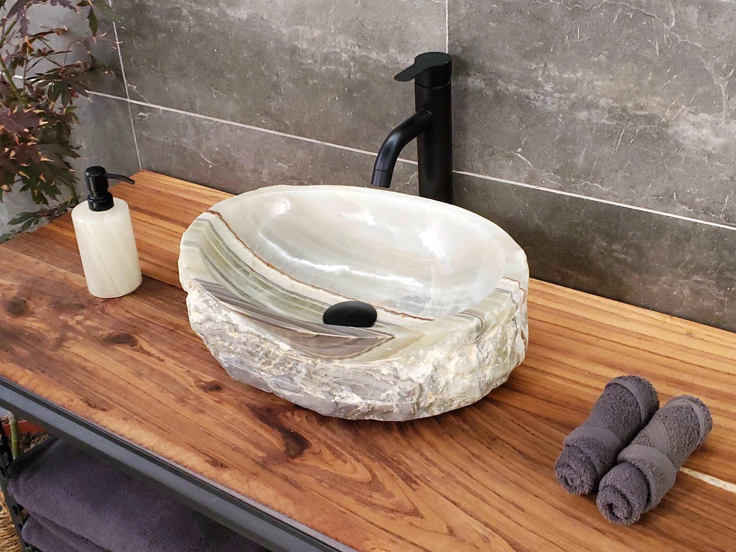 Green Onyx Vessel Sink, 16.5x12.5 Inch Natural Stone Countertop Basin, Polished Luxury Vanity Sink, Spa Bathroom Decor Above Counter sink Bathroom Décor beige tan taupe hand basin bowl handmade powder room Home design trends luxury bathroom Marble Onix Rock modern contemporary natural stone sink plumbing fixture Rectangle Vessel Tan Rustic Onyx Vessel Sinks Translucent Polish
