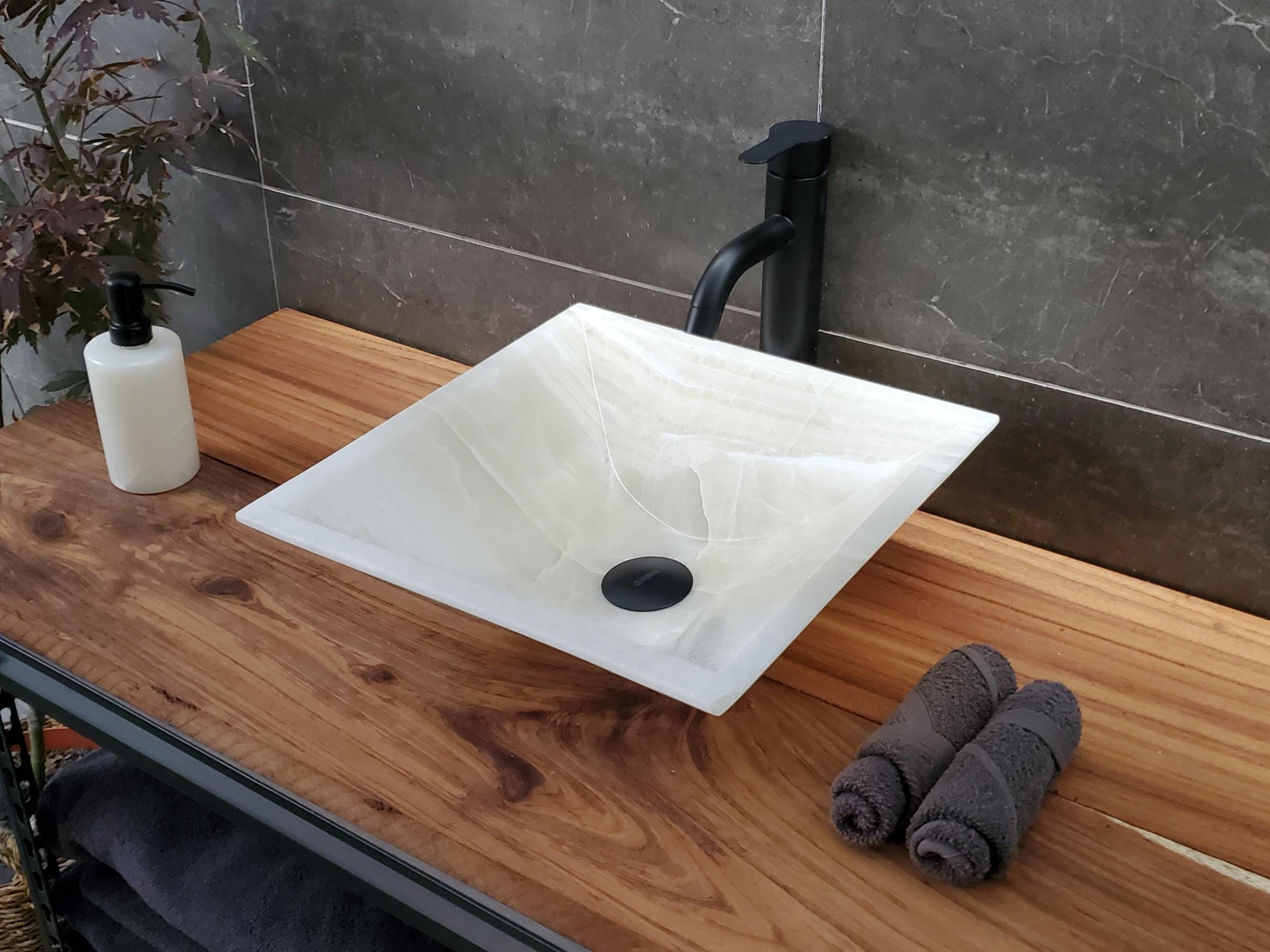 White Onyx Marble Vessel Sink, 14.3x14.3 Inch Natural Stone Countertop Basin, Polished Luxury Vanity Sink, Spa Bathroom Decor Above Counter sink Bathroom Décor beige tan taupe hand basin bowl handmade powder room Home design trends luxury bathroom Marble Onix Rock modern contemporary natural stone sink plumbing fixture Polished Onyx Sinks Rectangle Vessel Tan Translucent Polish