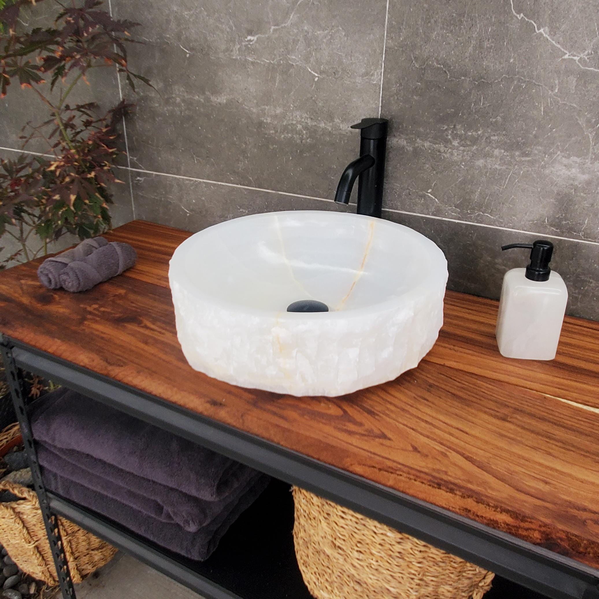White Onyx Vessel Sink | Natural Stone Bathroom Sink | Live Edge Vanity Basin | Luxury Bathroom Sink | Handmade Onyx Sink 16x16 Inch Above Counter sink Bathroom Décor beige tan taupe hand basin bowl handmade powder room Home design trends luxury bathroom Marble Onix Rock modern contemporary natural stone sink plumbing fixture Rectangle Vessel Tan Rustic Onyx Vessel Sinks Translucent Polish
