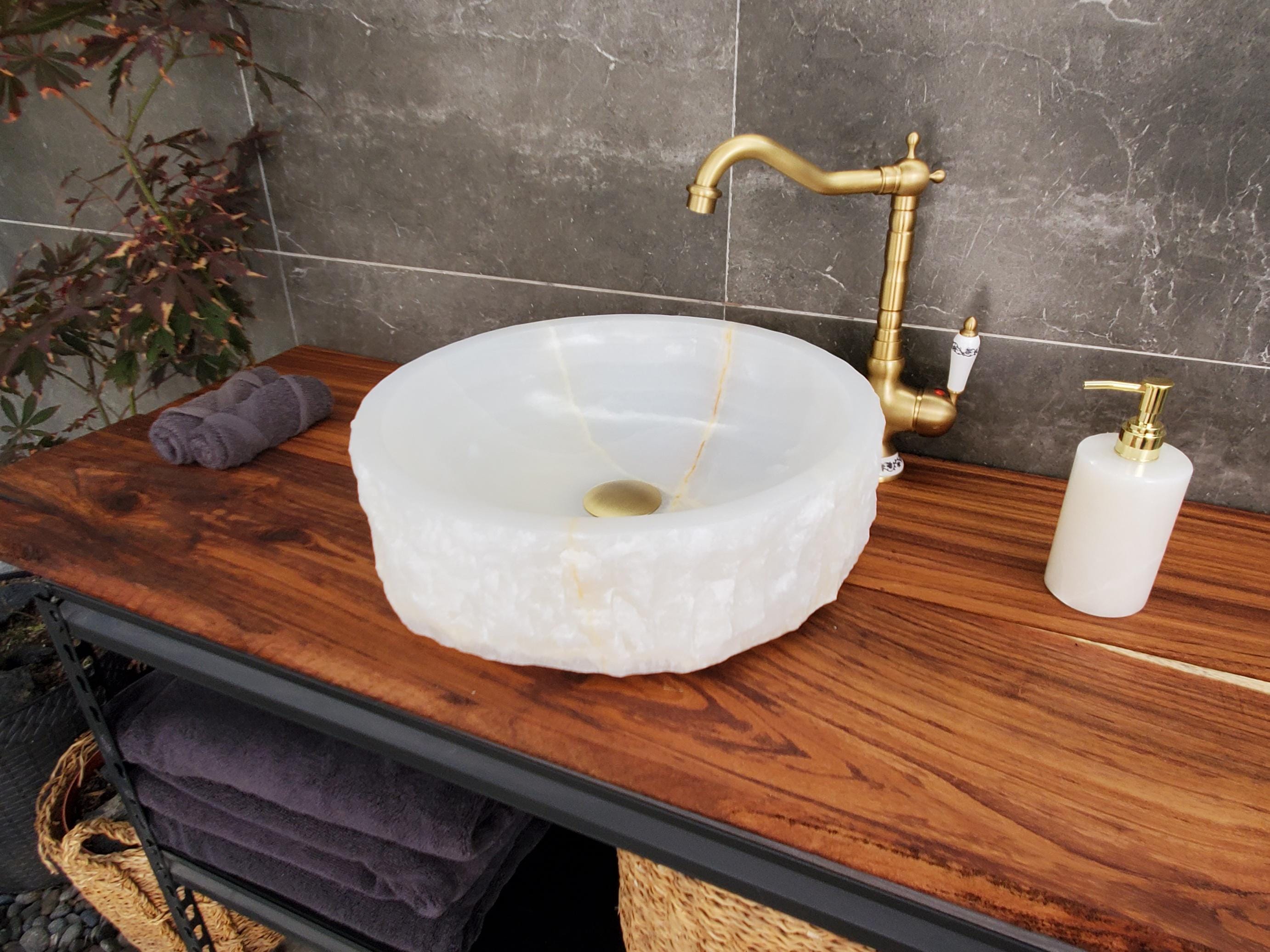White Onyx Vessel Sink | Natural Stone Bathroom Sink | Live Edge Vanity Basin | Luxury Bathroom Sink | Handmade Onyx Sink 16x16 Inch Above Counter sink Bathroom Décor beige tan taupe hand basin bowl handmade powder room Home design trends luxury bathroom Marble Onix Rock modern contemporary natural stone sink plumbing fixture Rectangle Vessel Tan Rustic Onyx Vessel Sinks Translucent Polish