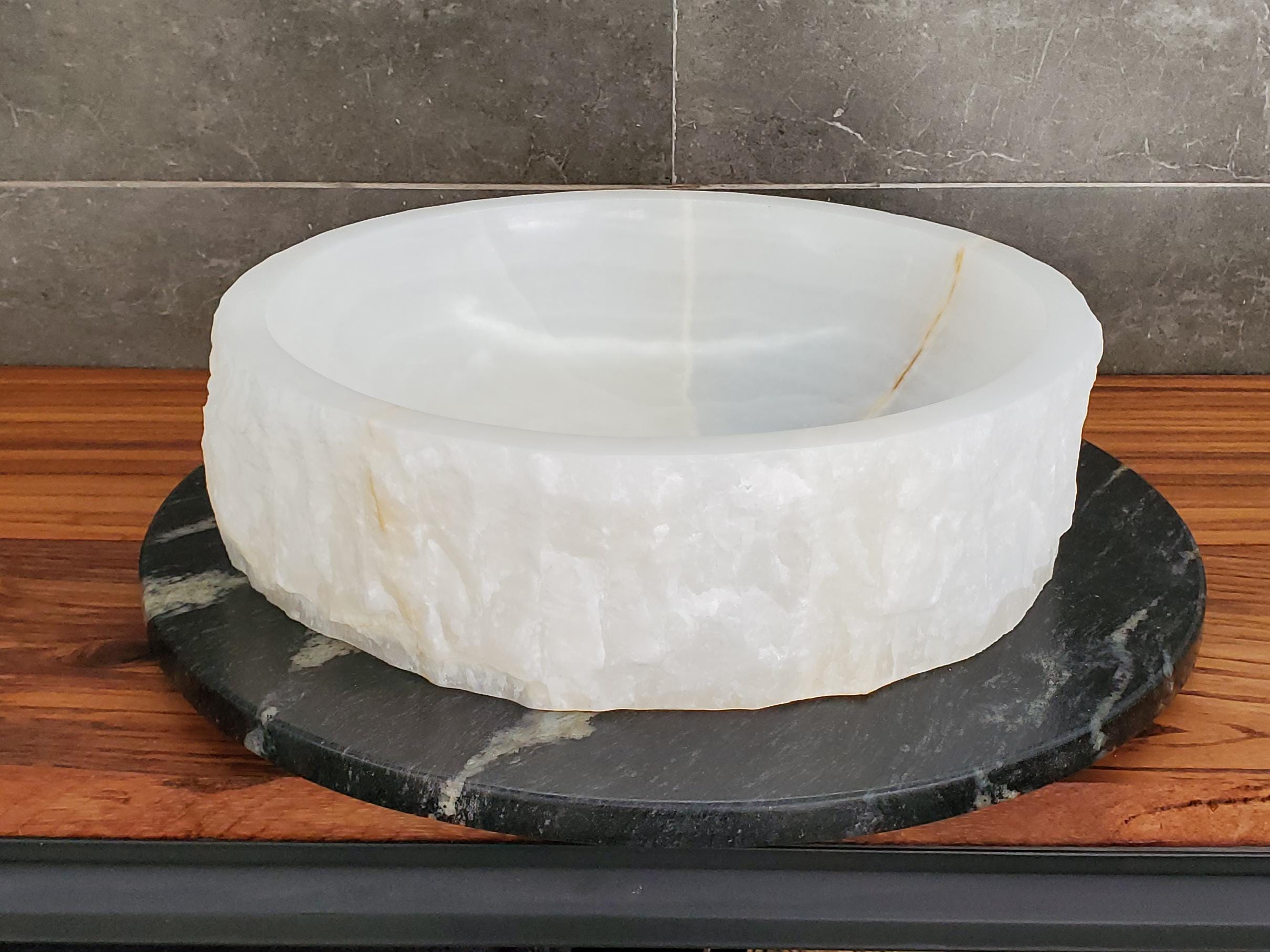 White Onyx Vessel Sink | Natural Stone Bathroom Sink | Live Edge Vanity Basin | Luxury Bathroom Sink | Handmade Onyx Sink 16x16 Inch Above Counter sink Bathroom Décor beige tan taupe hand basin bowl handmade powder room Home design trends luxury bathroom Marble Onix Rock modern contemporary natural stone sink plumbing fixture Rectangle Vessel Tan Rustic Onyx Vessel Sinks Translucent Polish