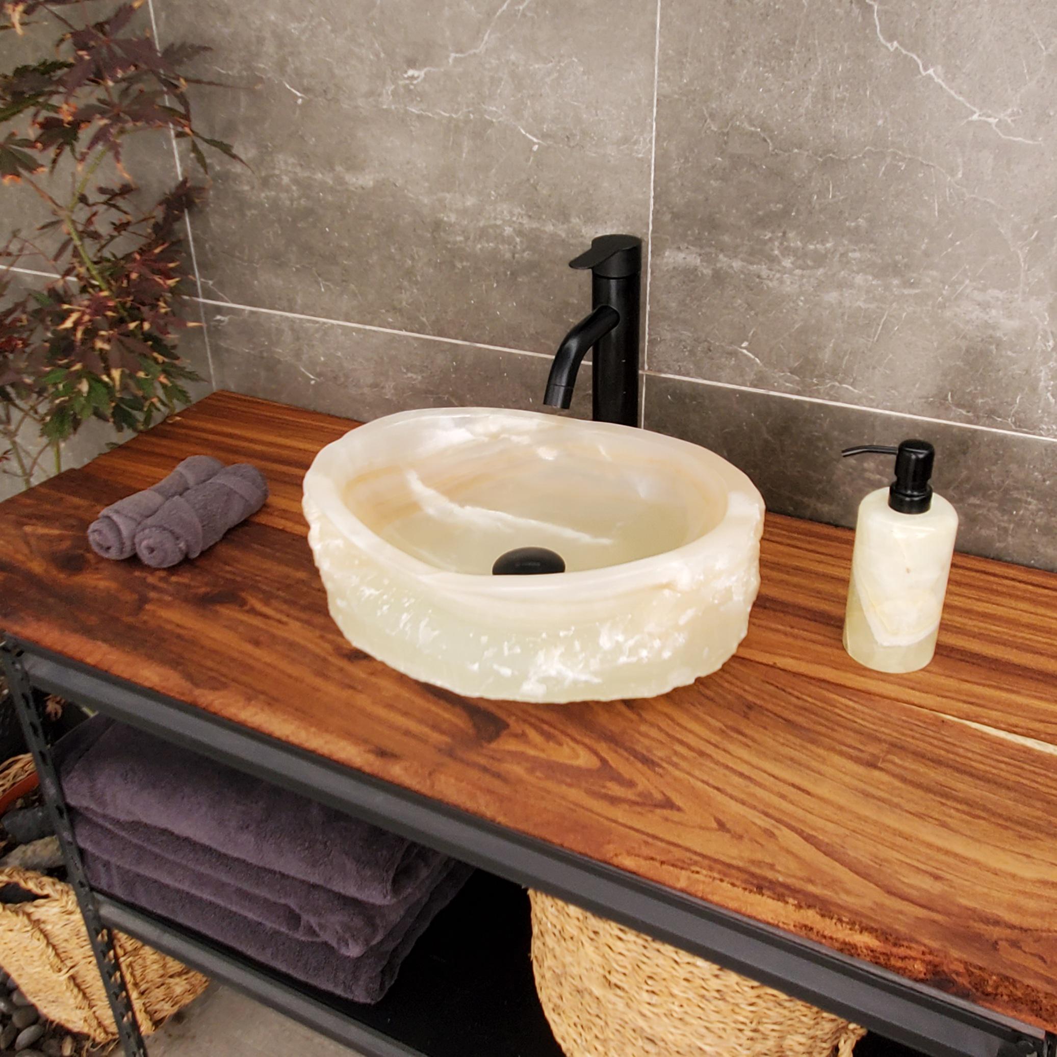 Cream White Onyx Marble Vessel Sink, Natural Stone Vanity Basin, Polished Bathroom Countertop Sink, Spa Decor 15.5x11.5 Inch Above Counter sink Bathroom Décor beige tan taupe hand basin bowl handmade powder room Home design trends luxury bathroom Marble Onix Rock modern contemporary natural stone sink plumbing fixture Rectangle Vessel Tan Rustic Onyx Vessel Sinks Translucent Polish