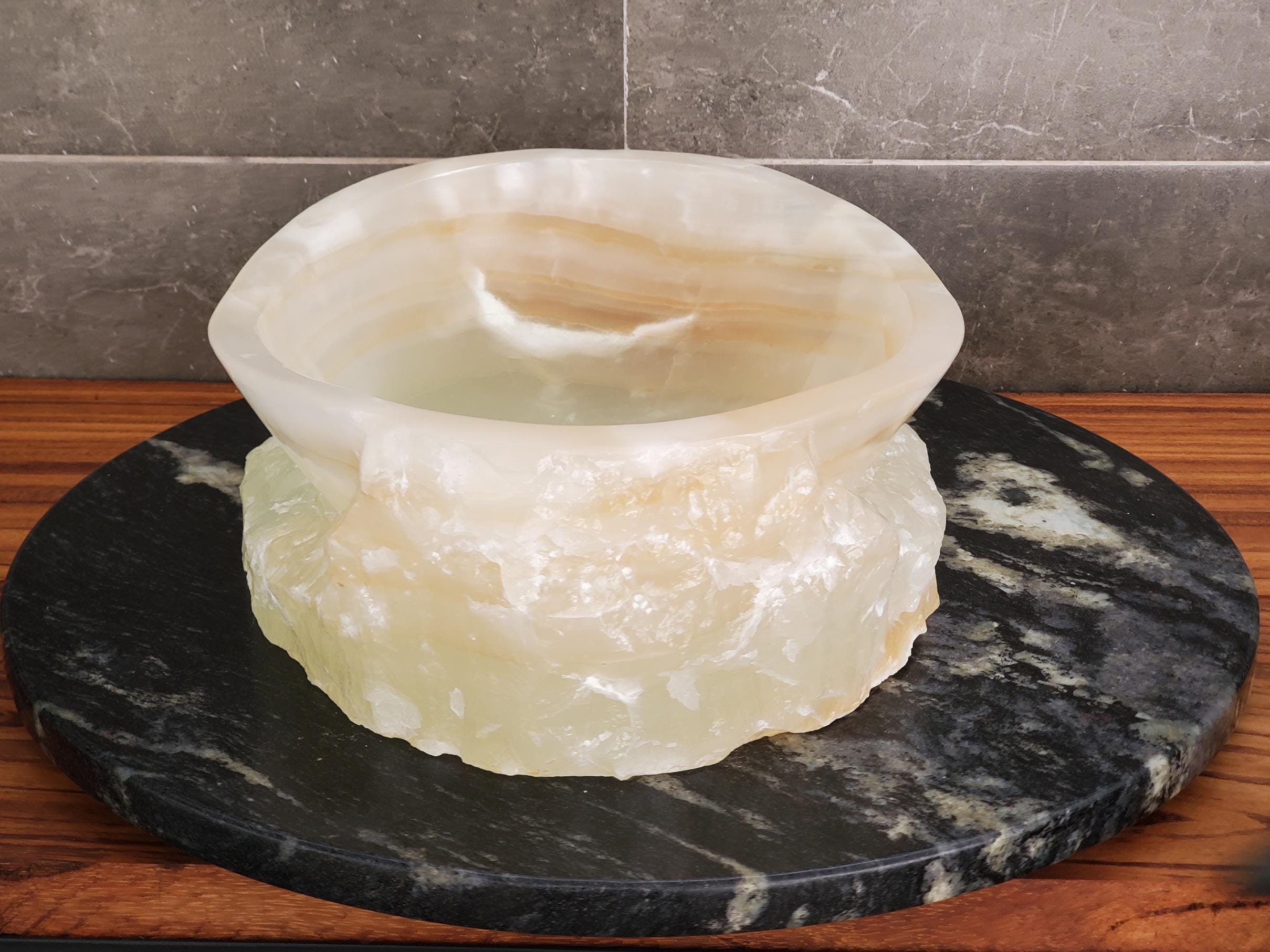 Cream White Onyx Marble Vessel Sink, Natural Stone Vanity Basin, Polished Bathroom Countertop Sink, Spa Decor 15.5x11.5 Inch Above Counter sink Bathroom Décor beige tan taupe hand basin bowl handmade powder room Home design trends luxury bathroom Marble Onix Rock modern contemporary natural stone sink plumbing fixture Rectangle Vessel Tan Rustic Onyx Vessel Sinks Translucent Polish