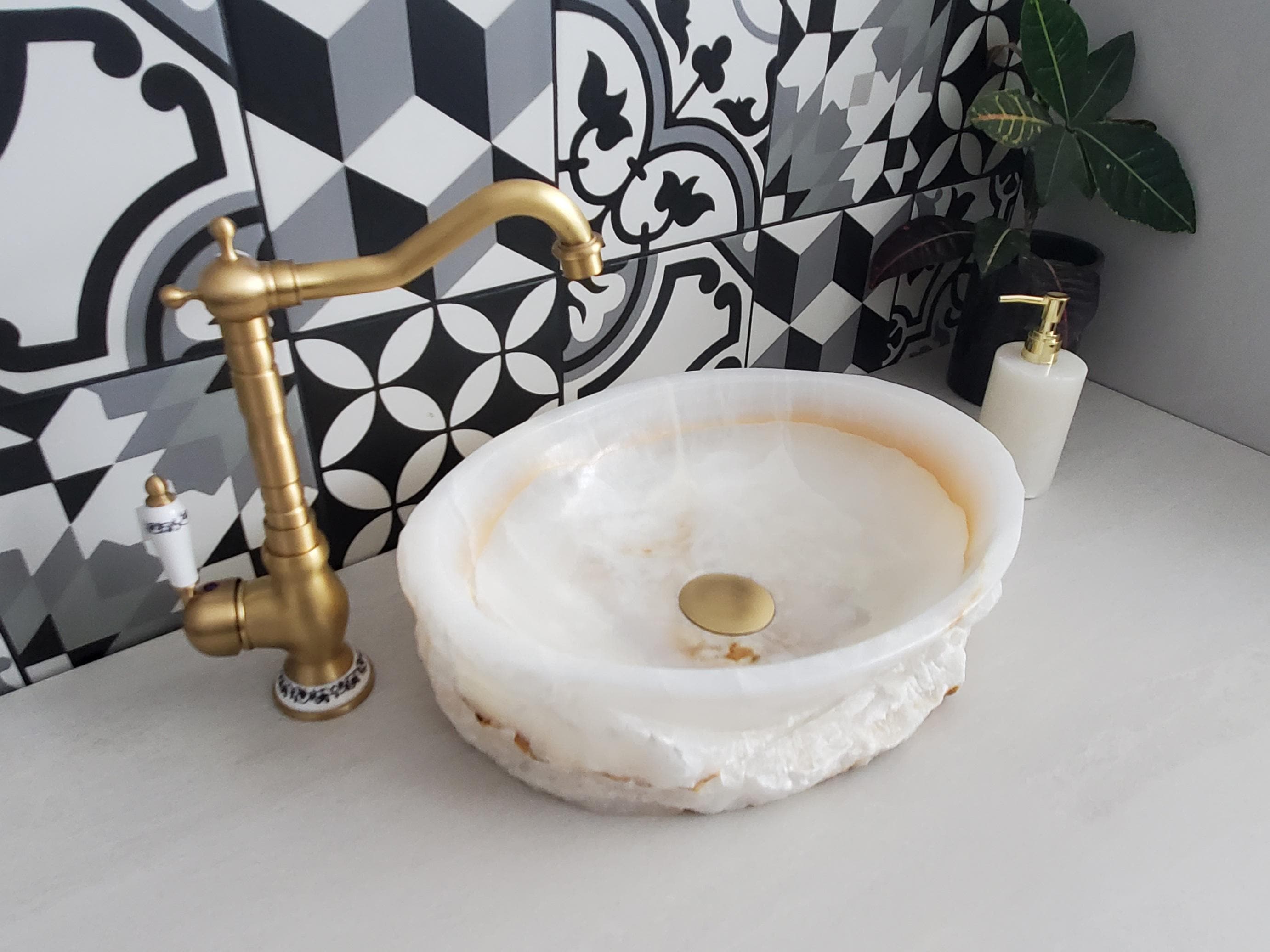 White Onyx Marble Vessel Sink, 16x12.5 Inch Natural Stone Countertop Basin, Polished Luxury Vanity Sink, Spa Bathroom Decor Above Counter sink Bathroom Décor beige tan taupe hand basin bowl handmade powder room Home design trends luxury bathroom Marble Onix Rock modern contemporary natural stone sink plumbing fixture Rectangle Vessel Tan Rustic Onyx Vessel Sinks Translucent Polish