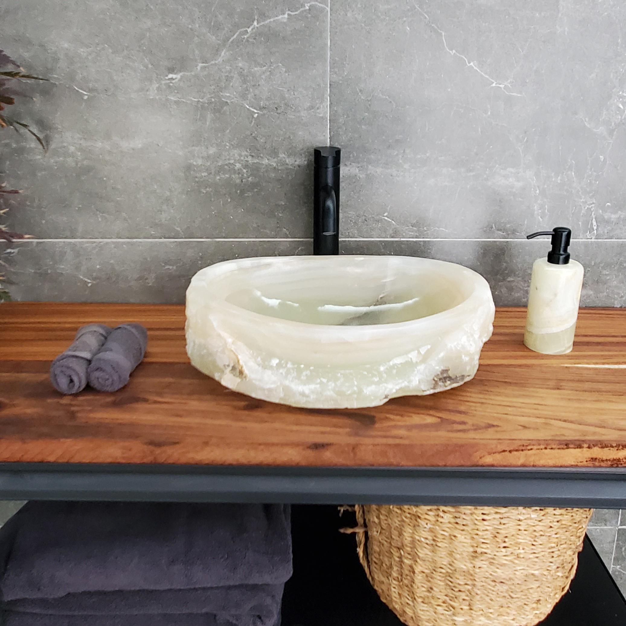 Green Onyx Marble Vessel Sink, Natural Stone Vanity Basin, Polished Bathroom Countertop Sink, Spa Decor 16.5x12.5 Inch Above Counter sink Bathroom Décor beige tan taupe hand basin bowl handmade powder room Home design trends luxury bathroom Marble Onix Rock modern contemporary natural stone sink plumbing fixture Rectangle Vessel Tan Rustic Onyx Vessel Sinks Translucent Polish