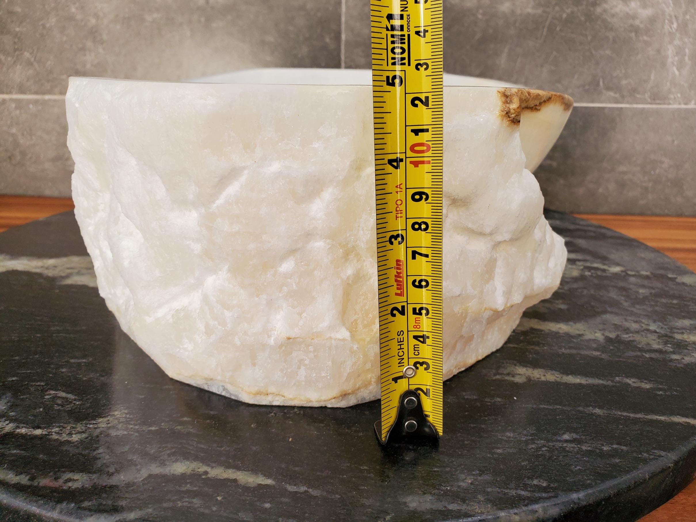 White Onyx Vessel Sink, Natural Stone Vanity Basin, Polished Bathroom Countertop Sink, Spa Decor 15x11.5 Inch Above Counter sink Bathroom Décor beige tan taupe hand basin bowl handmade powder room Home design trends luxury bathroom Marble Onix Rock modern contemporary natural stone sink plumbing fixture Rectangle Vessel Tan Rustic Onyx Vessel Sinks Translucent Polish