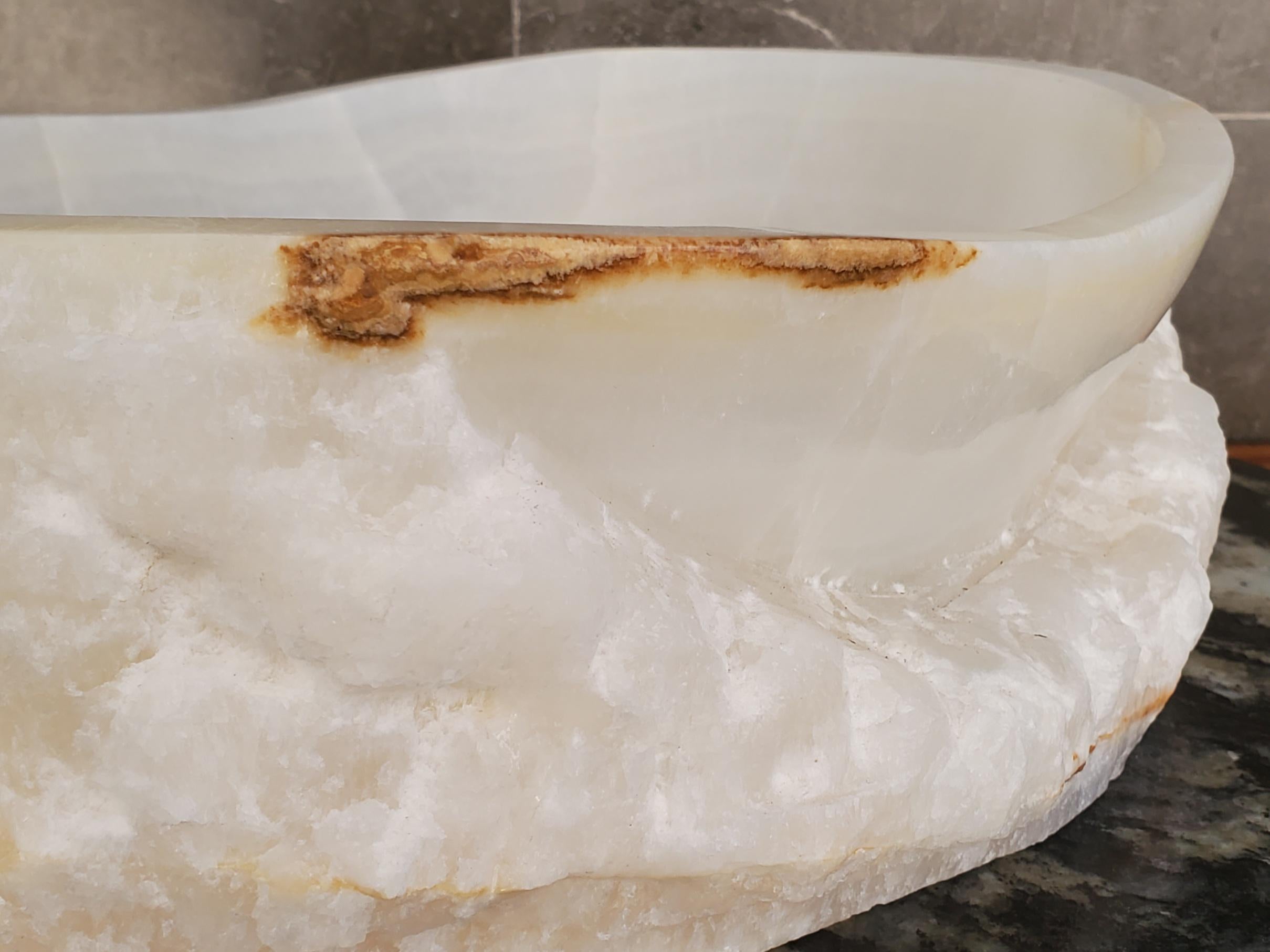 White Onyx Vessel Sink, Natural Stone Vanity Basin, Polished Bathroom Countertop Sink, Spa Decor 15x11.5 Inch Above Counter sink Bathroom Décor beige tan taupe hand basin bowl handmade powder room Home design trends luxury bathroom Marble Onix Rock modern contemporary natural stone sink plumbing fixture Rectangle Vessel Tan Rustic Onyx Vessel Sinks Translucent Polish