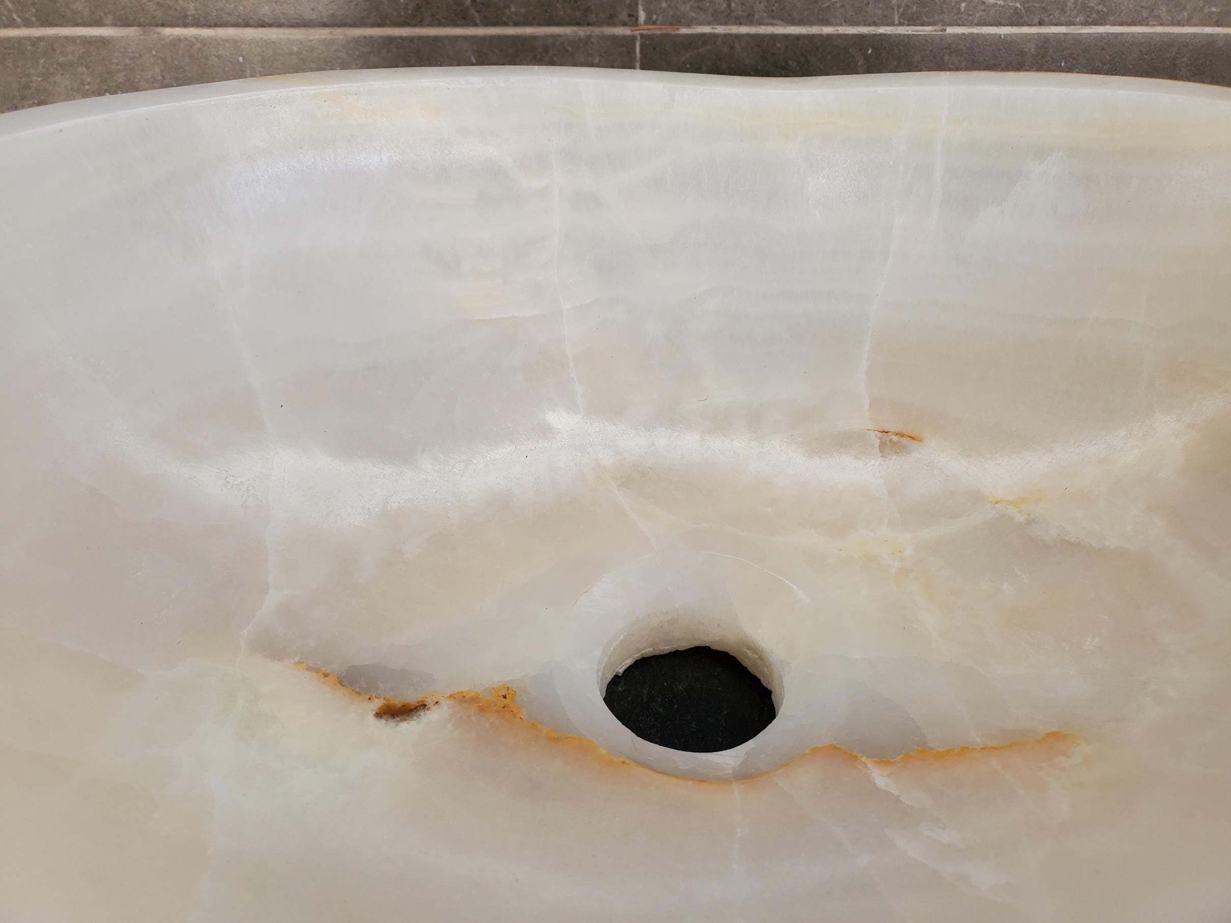 White Onyx Vessel Sink, Natural Stone Vanity Basin, Polished Bathroom Countertop Sink, Spa Decor 15x11.5 Inch Above Counter sink Bathroom Décor beige tan taupe hand basin bowl handmade powder room Home design trends luxury bathroom Marble Onix Rock modern contemporary natural stone sink plumbing fixture Rectangle Vessel Tan Rustic Onyx Vessel Sinks Translucent Polish