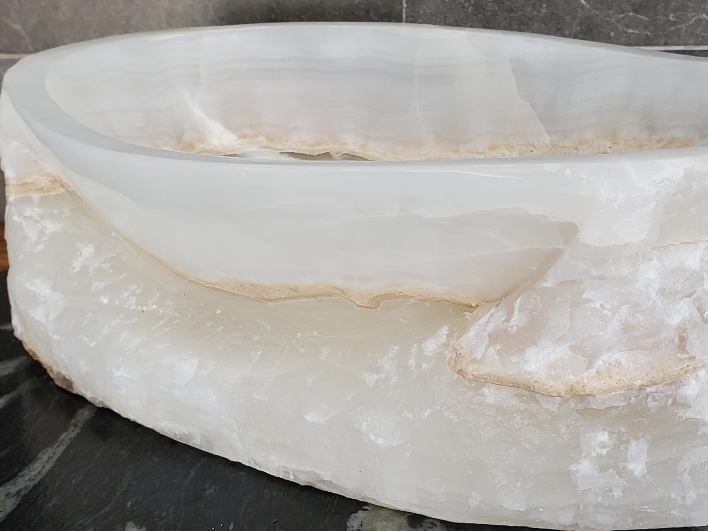 White Onyx Vessel Sink, 16.5x12.5 Inch Natural Stone Countertop Basin, Polished Luxury Vanity Sink, Spa Bathroom Decor Above Counter sink Bathroom Décor beige tan taupe hand basin bowl handmade powder room Home design trends luxury bathroom Marble Onix Rock modern contemporary natural stone sink plumbing fixture Rectangle Vessel Tan Rustic Onyx Vessel Sinks Translucent Polish