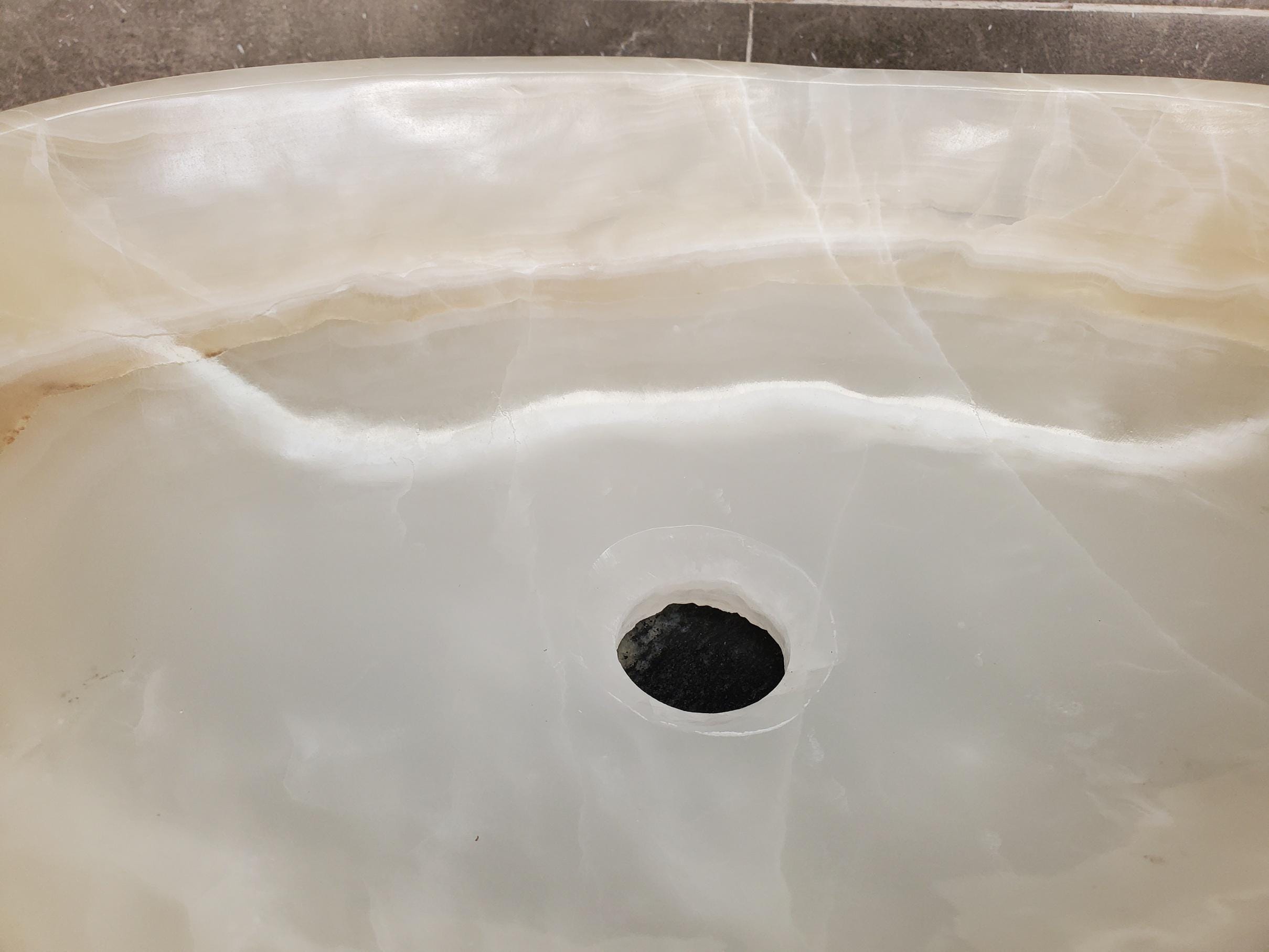 White Onyx Vessel Sink – Oval Natural Stone Countertop Sink, Polished Vanity Basin, Luxury Spa Bathroom Decor 16.5x12.5 Inch Above Counter sink Bathroom Décor beige tan taupe hand basin bowl handmade powder room Home design trends luxury bathroom Marble Onix Rock modern contemporary natural stone sink plumbing fixture Rectangle Vessel Tan Rustic Onyx Vessel Sinks Translucent Polish