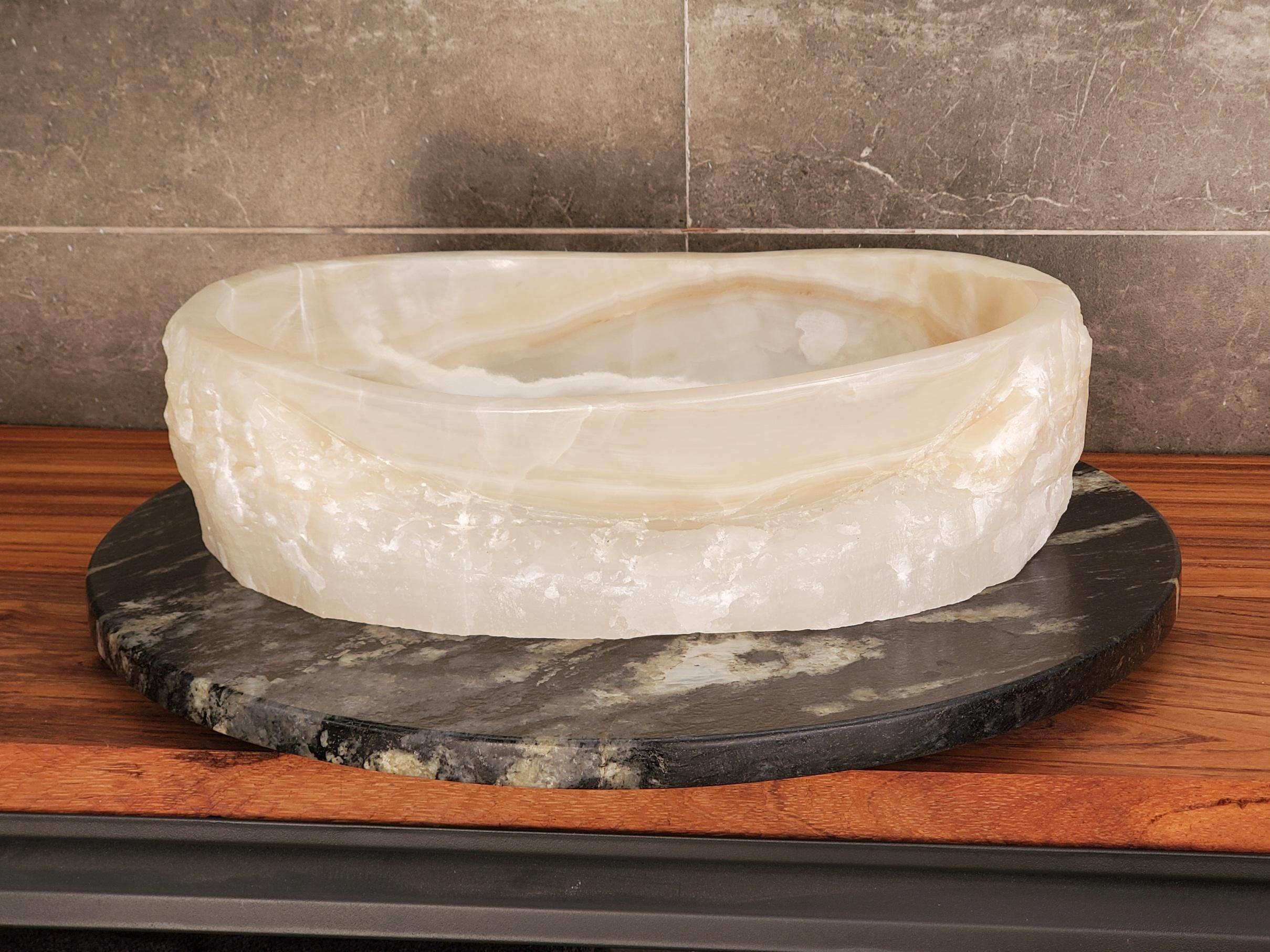 White Onyx Vessel Sink – Oval Natural Stone Countertop Sink, Polished Vanity Basin, Luxury Spa Bathroom Decor 16.5x12.5 Inch Above Counter sink Bathroom Décor beige tan taupe hand basin bowl handmade powder room Home design trends luxury bathroom Marble Onix Rock modern contemporary natural stone sink plumbing fixture Rectangle Vessel Tan Rustic Onyx Vessel Sinks Translucent Polish
