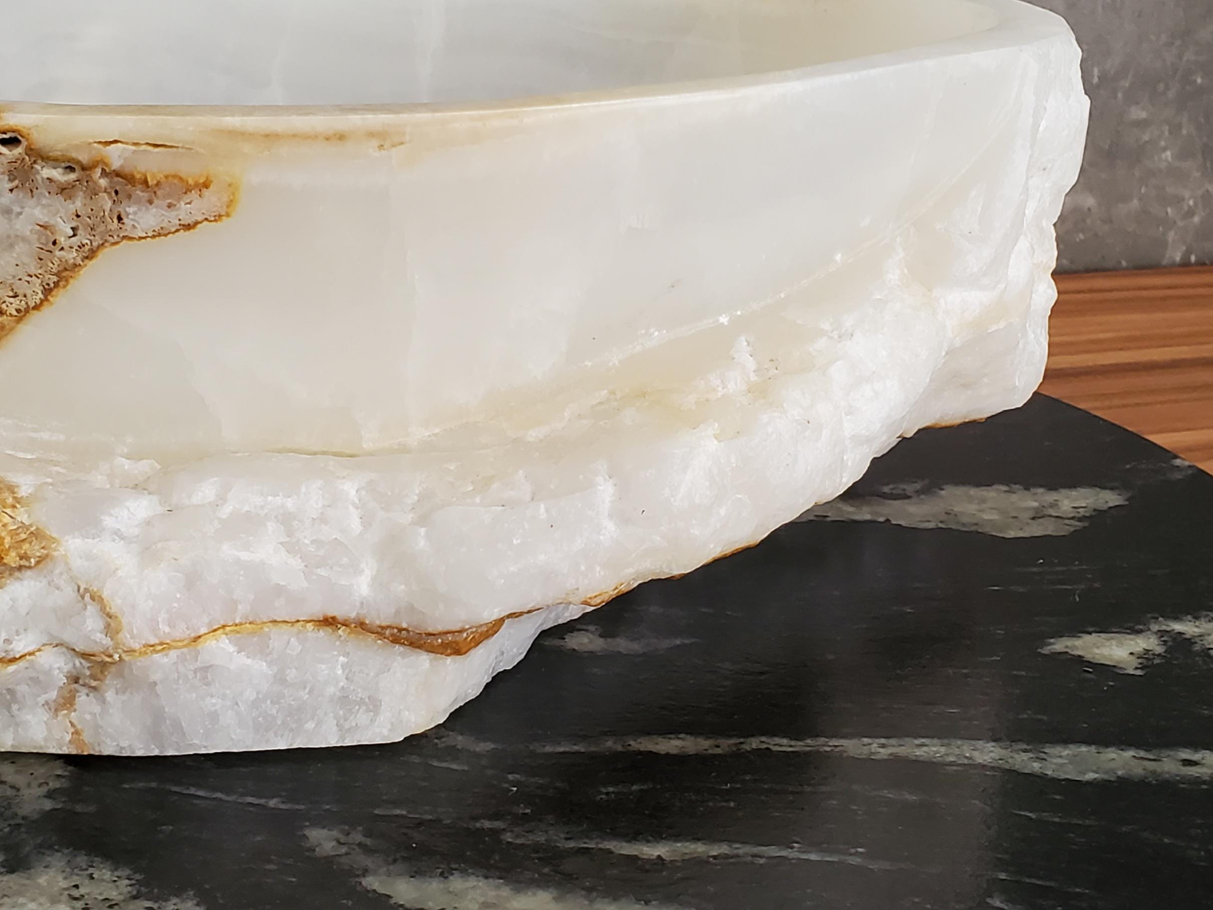 White Onyx Vessel Sink, 15x10.5 Inch Natural Stone Countertop Basin, Polished Luxury Vanity Sink, Spa Bathroom Decor Above Counter sink Bathroom Décor beige tan taupe hand basin bowl handmade powder room Home design trends luxury bathroom Marble Onix Rock modern contemporary natural stone sink plumbing fixture Rectangle Vessel Tan Rustic Onyx Vessel Sinks Translucent Polish