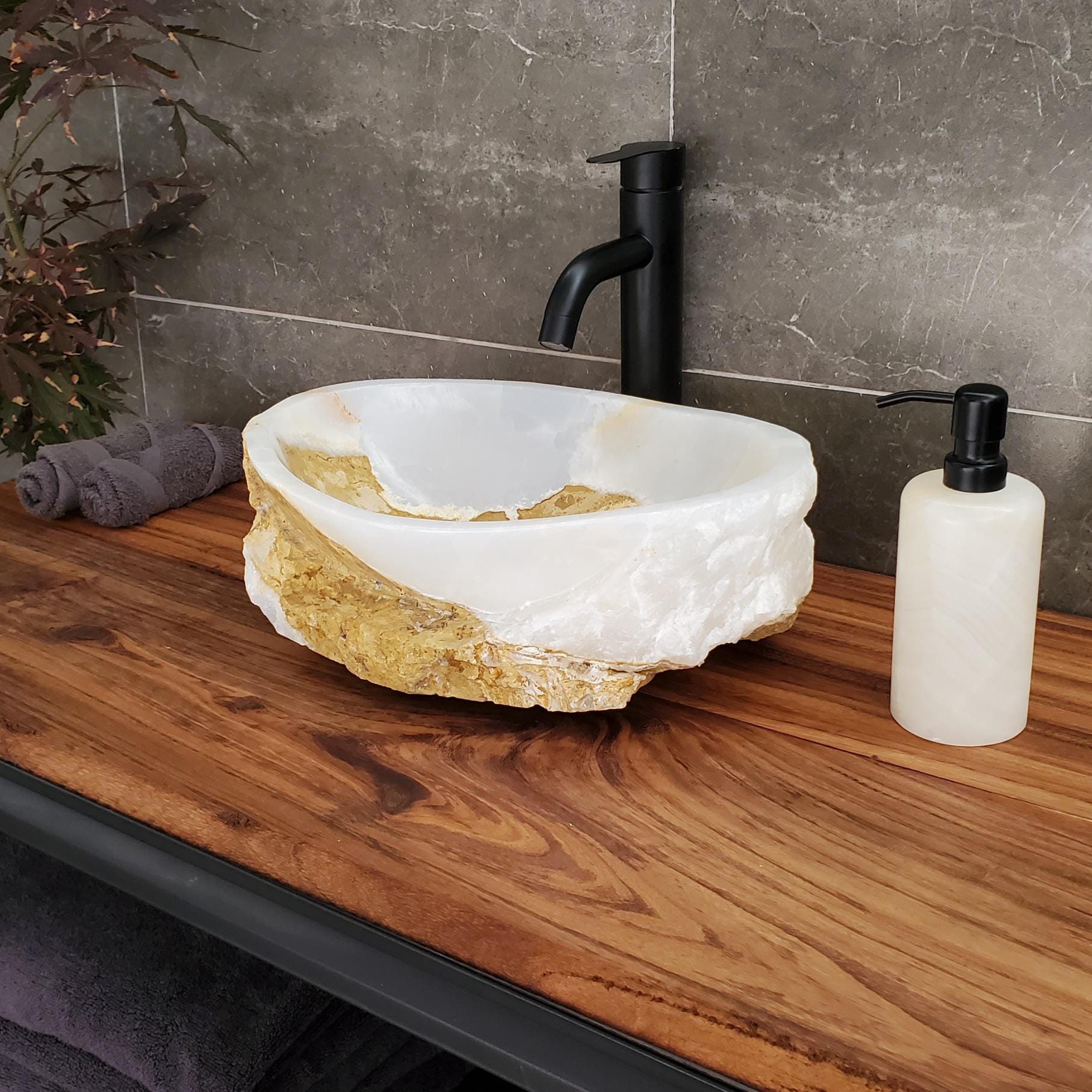 White Onyx Marble Vessel Sink – Oval Natural Stone Countertop Sink, Polished Vanity Basin, Luxury Spa Bathroom Decor 15x11 Inch Above Counter sink Bathroom Décor beige tan taupe hand basin bowl handmade powder room Home design trends luxury bathroom Marble Onix Rock modern contemporary natural stone sink plumbing fixture Rectangle Vessel Tan Rustic Onyx Vessel Sinks Translucent Polish