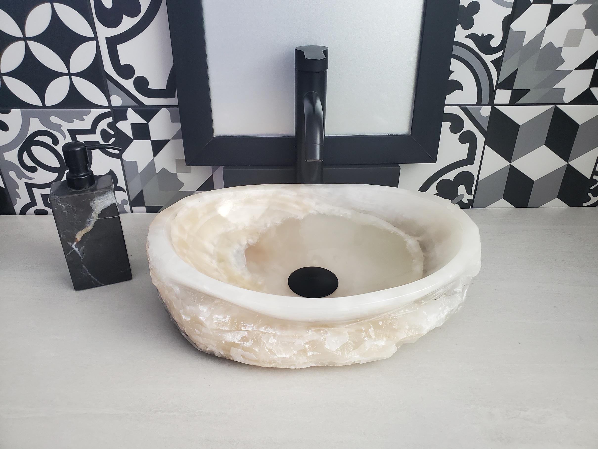 Cream Onyx Vessel Sink, Natural Stone Vanity Basin, Polished Bathroom Countertop Sink, Spa Decor 15x11 Inch Above Counter sink Bathroom Décor beige tan taupe hand basin bowl handmade powder room Home design trends luxury bathroom Marble Onix Rock modern contemporary natural stone sink plumbing fixture Rectangle Vessel Tan Rustic Onyx Vessel Sinks Translucent Polish