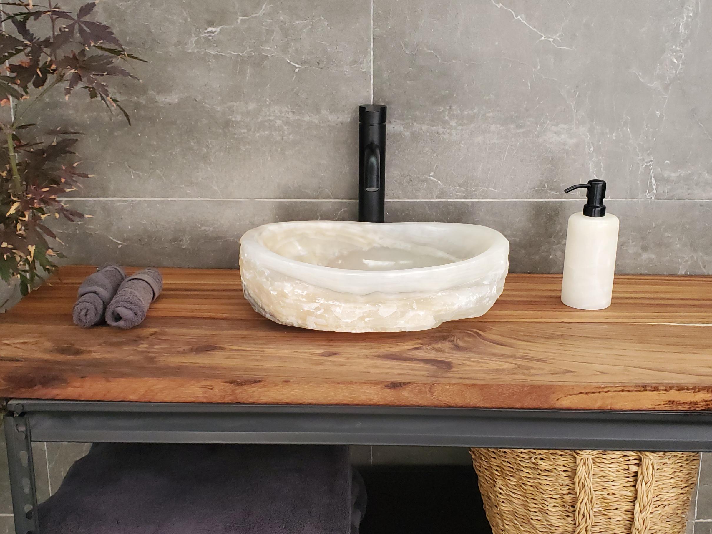 Cream Onyx Vessel Sink, Natural Stone Vanity Basin, Polished Bathroom Countertop Sink, Spa Decor 15x11 Inch Above Counter sink Bathroom Décor beige tan taupe hand basin bowl handmade powder room Home design trends luxury bathroom Marble Onix Rock modern contemporary natural stone sink plumbing fixture Rectangle Vessel Tan Rustic Onyx Vessel Sinks Translucent Polish