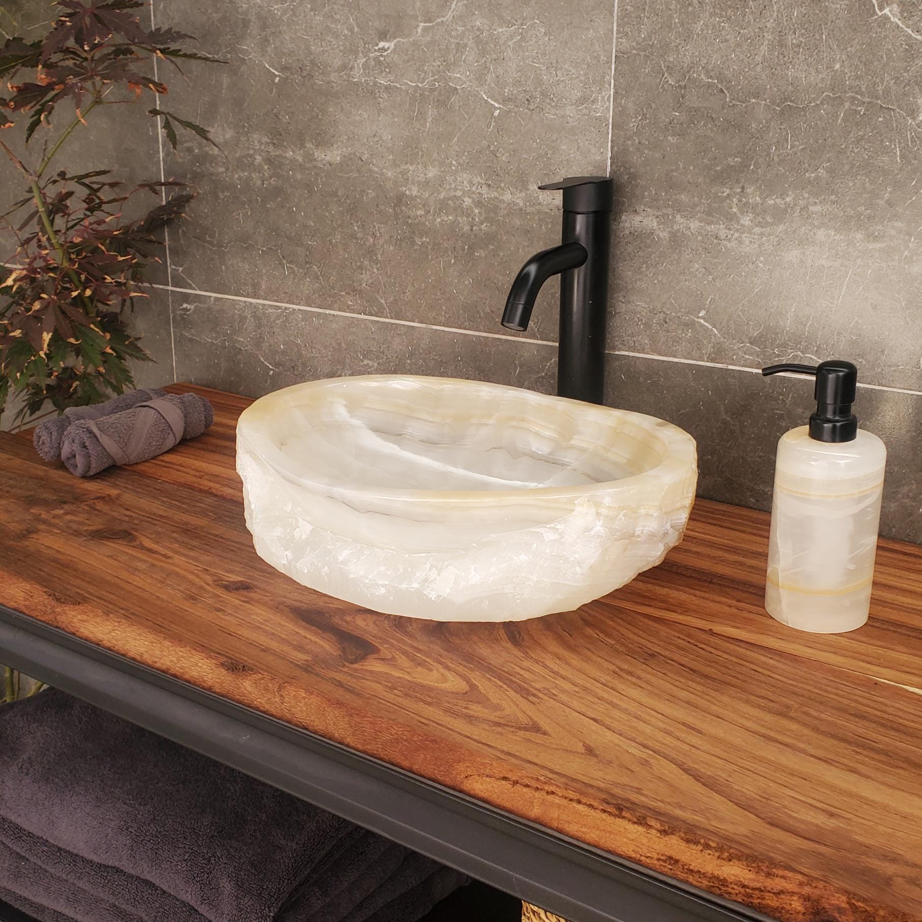 Cream Onyx Vessel Sink, 15x11.5 Inch Natural Stone Countertop Basin, Polished Luxury Vanity Sink, Spa Bathroom Decor Above Counter sink Bathroom Décor beige tan taupe hand basin bowl handmade powder room Home design trends luxury bathroom Marble Onix Rock modern contemporary natural stone sink plumbing fixture Rectangle Vessel Tan Rustic Onyx Vessel Sinks Translucent Polish