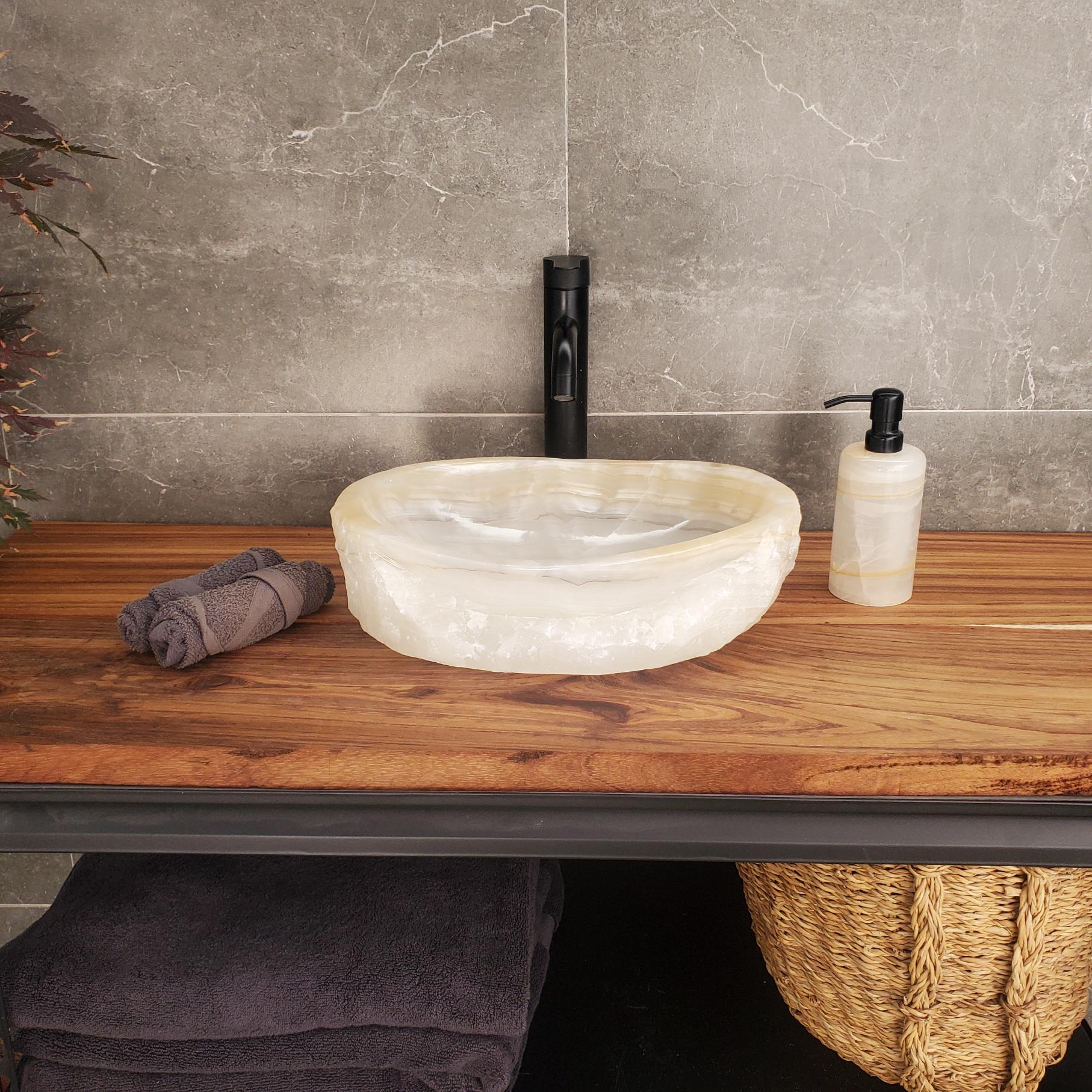 Cream Onyx Vessel Sink, 15x11.5 Inch Natural Stone Countertop Basin, Polished Luxury Vanity Sink, Spa Bathroom Decor Above Counter sink Bathroom Décor beige tan taupe hand basin bowl handmade powder room Home design trends luxury bathroom Marble Onix Rock modern contemporary natural stone sink plumbing fixture Rectangle Vessel Tan Rustic Onyx Vessel Sinks Translucent Polish