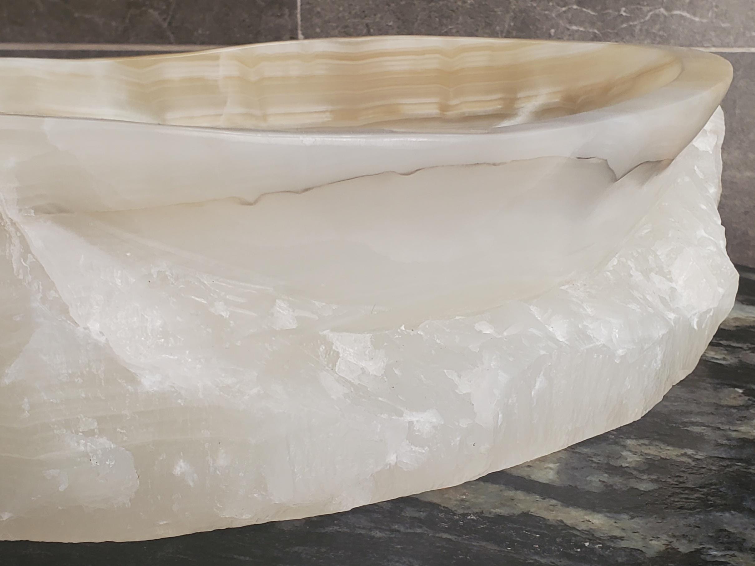 Cream Onyx Vessel Sink, 15x11.5 Inch Natural Stone Countertop Basin, Polished Luxury Vanity Sink, Spa Bathroom Decor Above Counter sink Bathroom Décor beige tan taupe hand basin bowl handmade powder room Home design trends luxury bathroom Marble Onix Rock modern contemporary natural stone sink plumbing fixture Rectangle Vessel Tan Rustic Onyx Vessel Sinks Translucent Polish