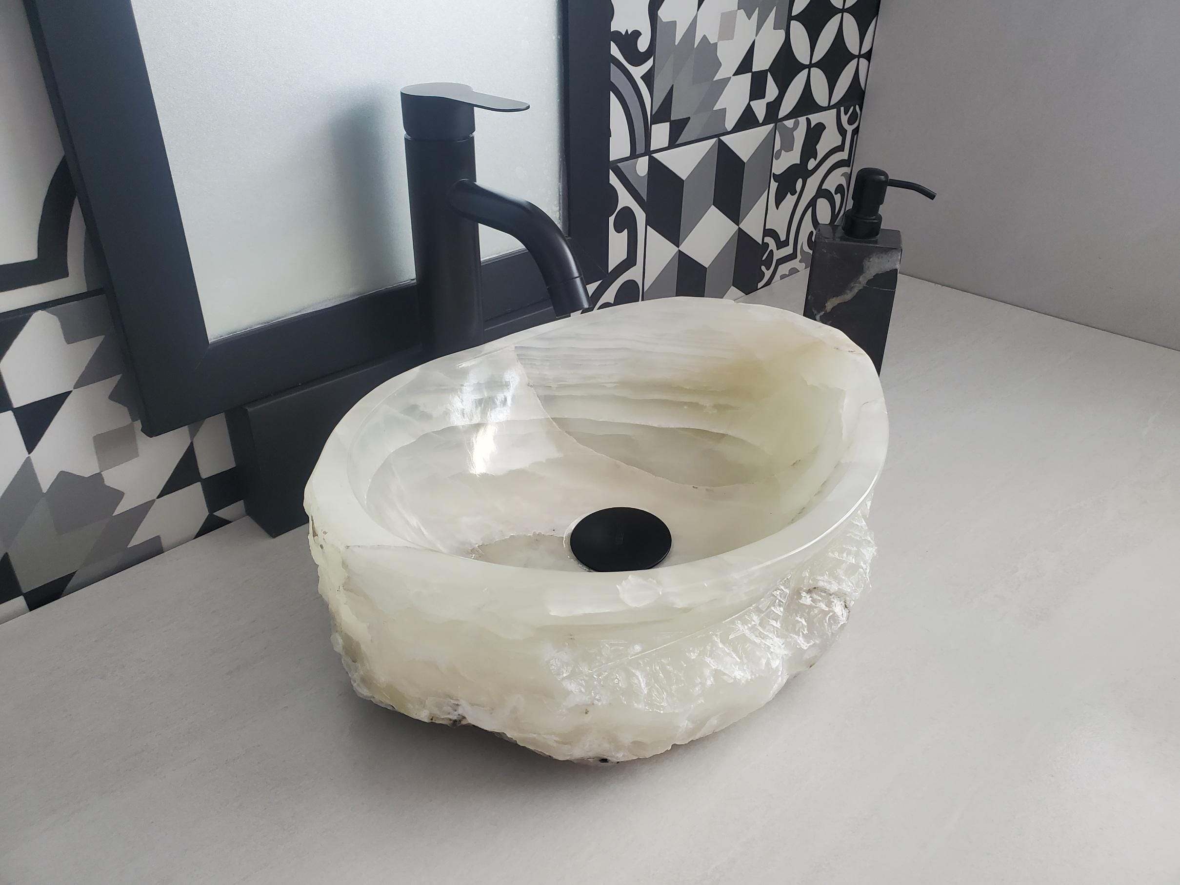 Green Onyx Vessel Sink – Oval Natural Stone Countertop Sink, Polished Vanity Basin, Luxury Spa Bathroom Decor 15.5x11.5 Inch Above Counter sink Bathroom Décor beige tan taupe hand basin bowl handmade powder room Home design trends luxury bathroom Marble Onix Rock modern contemporary natural stone sink plumbing fixture Rectangle Vessel Tan Rustic Onyx Vessel Sinks Translucent Polish