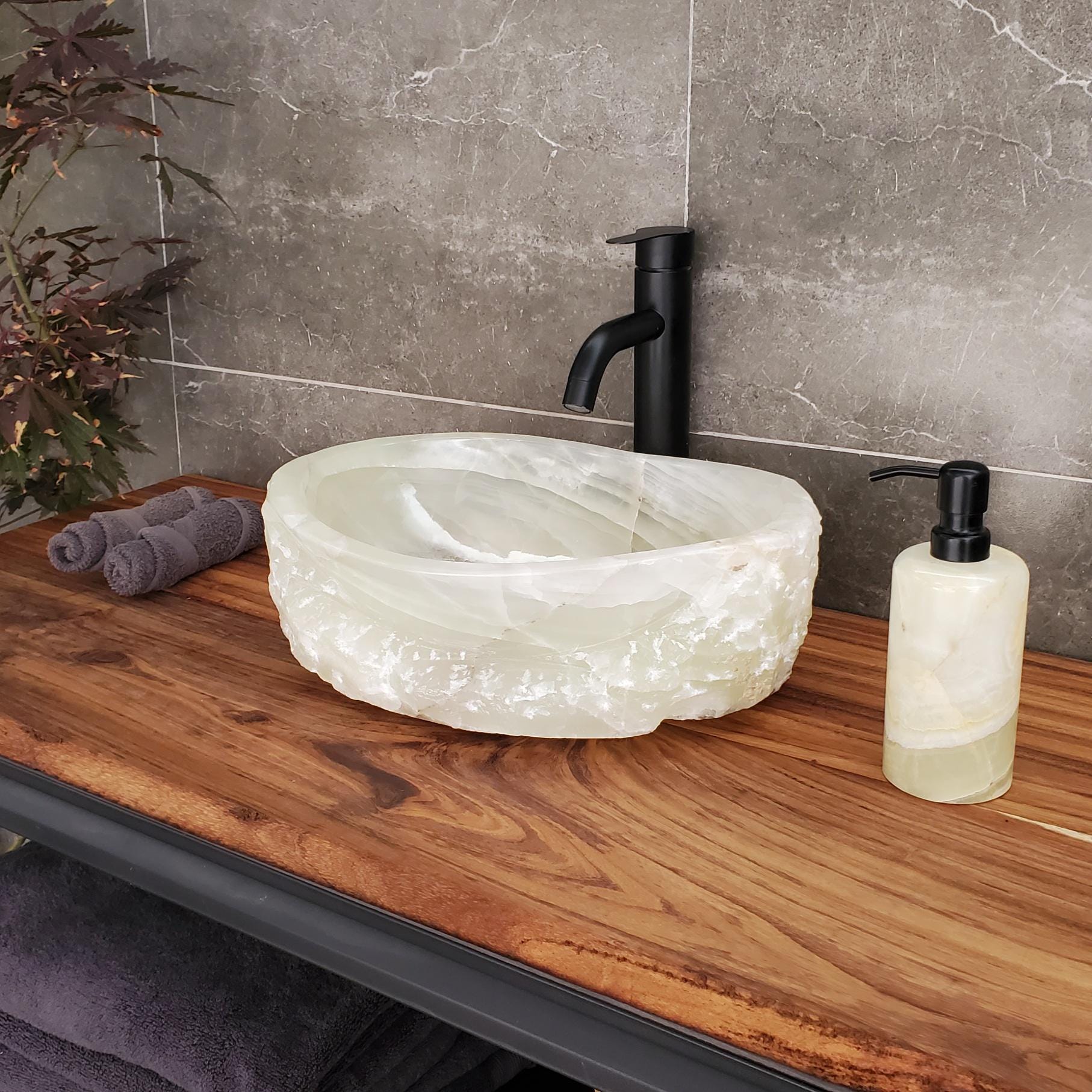 Green Onyx Vessel Sink – Oval Natural Stone Countertop Sink, Polished Vanity Basin, Luxury Spa Bathroom Decor 15.5x11.5 Inch Above Counter sink Bathroom Décor beige tan taupe hand basin bowl handmade powder room Home design trends luxury bathroom Marble Onix Rock modern contemporary natural stone sink plumbing fixture Rectangle Vessel Tan Rustic Onyx Vessel Sinks Translucent Polish