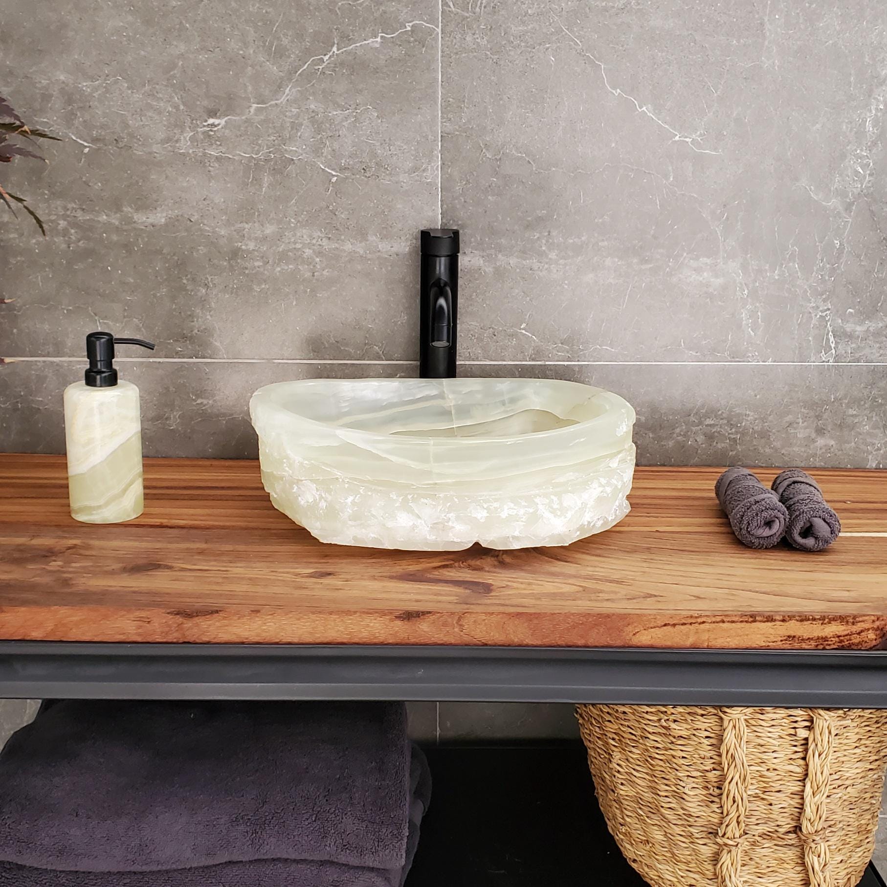 Green Onyx Vessel Sink, Natural Stone Vanity Basin, Polished Bathroom Countertop Sink, Spa Decor 15x11.5 Inch Above Counter sink Bathroom Décor beige tan taupe hand basin bowl handmade powder room Home design trends luxury bathroom Marble Onix Rock modern contemporary natural stone sink plumbing fixture Rectangle Vessel Tan Rustic Onyx Vessel Sinks Translucent Polish