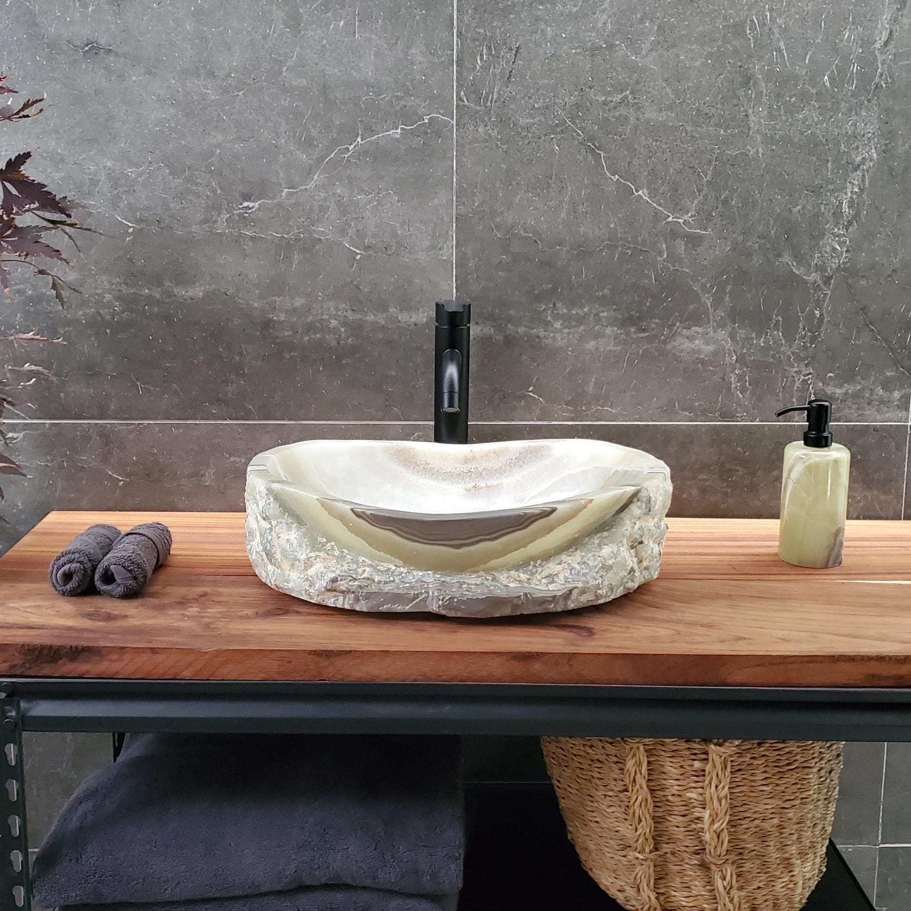 Green Onyx Marble Vessel Sink, 18x13.5 Inch Natural Stone Countertop Basin, Polished Luxury Vanity Sink, Spa Bathroom Decor Above Counter sink Bathroom Décor beige tan taupe hand basin bowl handmade powder room Home design trends luxury bathroom Marble Onix Rock modern contemporary natural stone sink plumbing fixture Rectangle Vessel Tan Rustic Onyx Vessel Sinks Translucent Polish