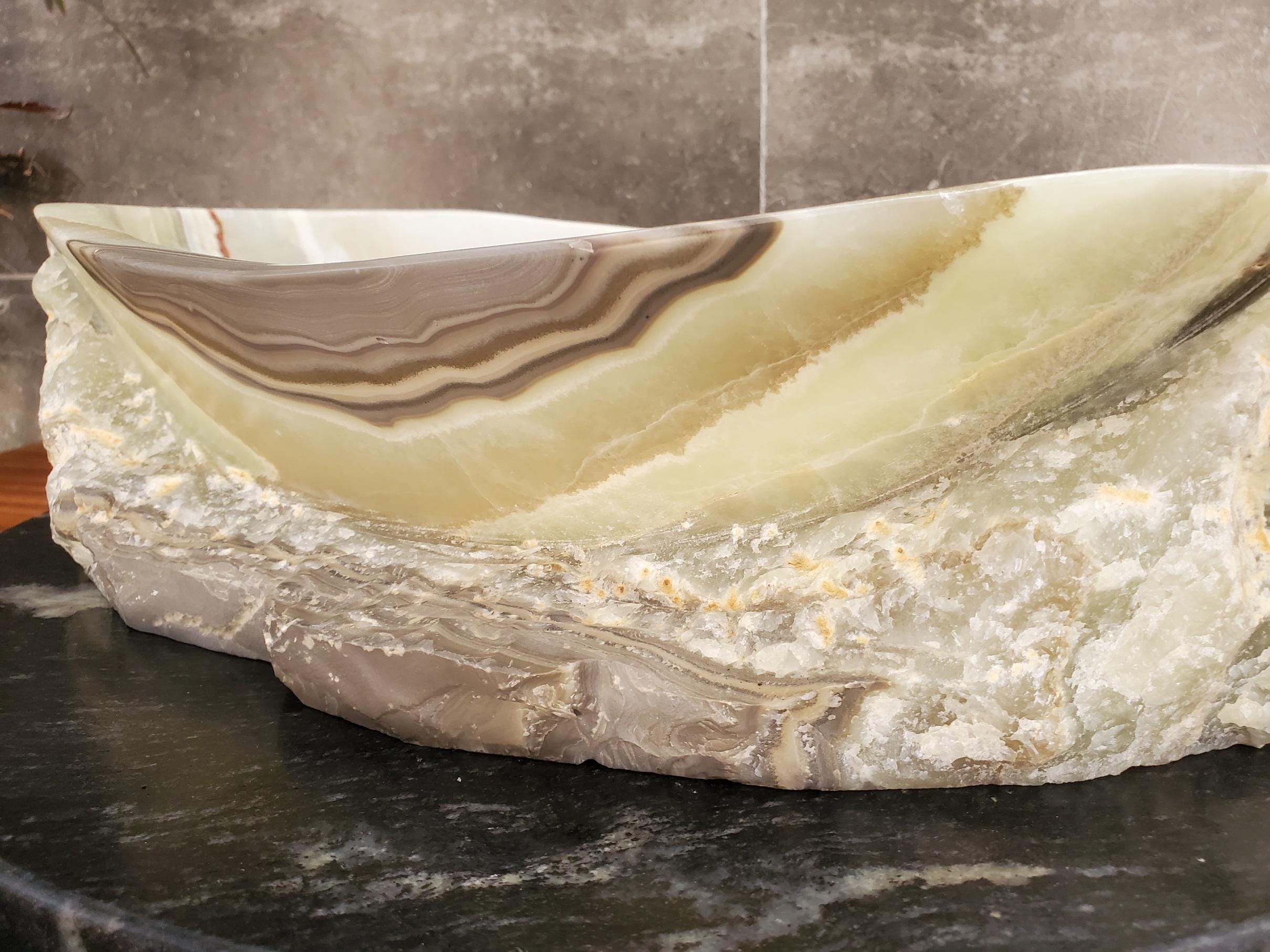 Green Onyx Marble Vessel Sink, 18x13.5 Inch Natural Stone Countertop Basin, Polished Luxury Vanity Sink, Spa Bathroom Decor Above Counter sink Bathroom Décor beige tan taupe hand basin bowl handmade powder room Home design trends luxury bathroom Marble Onix Rock modern contemporary natural stone sink plumbing fixture Rectangle Vessel Tan Rustic Onyx Vessel Sinks Translucent Polish