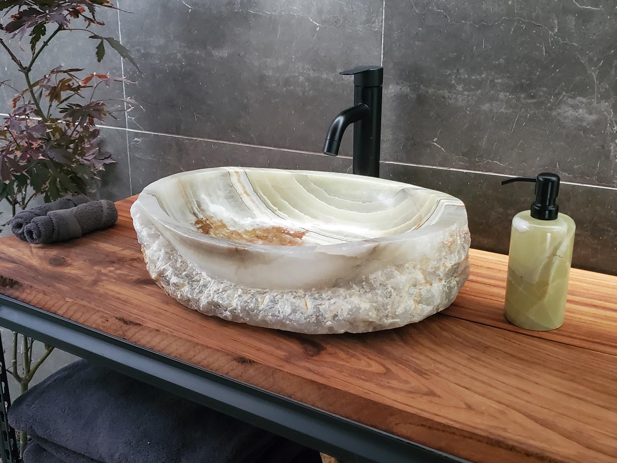 Green Onyx Marble Vessel Sink – Oval Natural Stone Countertop Sink, Polished Vanity Basin, Luxury Spa Bathroom Decor 18.5x14 Inch Above Counter sink Bathroom Décor beige tan taupe hand basin bowl handmade powder room Home design trends luxury bathroom Marble Onix Rock modern contemporary natural stone sink plumbing fixture Rectangle Vessel Tan Rustic Onyx Vessel Sinks Translucent Polish