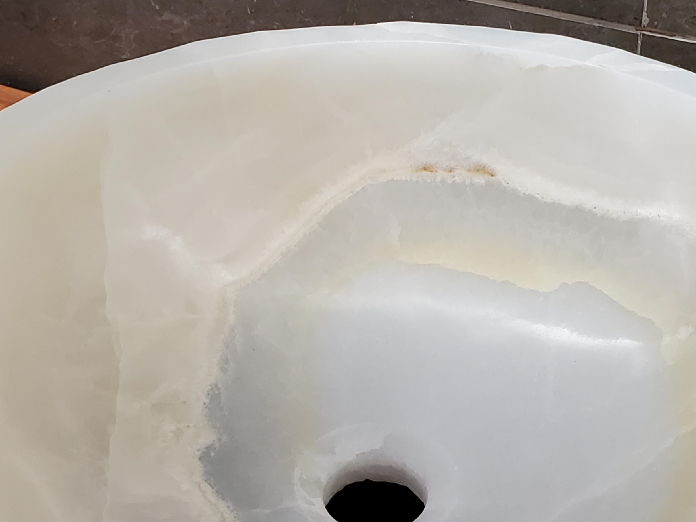 White Onyx Marble Vessel Sink, Natural Stone Vanity Basin, Polished Bathroom Countertop Sink, Spa Decor 16x16 Inch Above Counter sink Bathroom Décor beige tan taupe hand basin bowl handmade powder room Home design trends luxury bathroom Marble Onix Rock modern contemporary natural stone sink plumbing fixture Rectangle Vessel Tan Rustic Onyx Vessel Sinks Translucent Polish