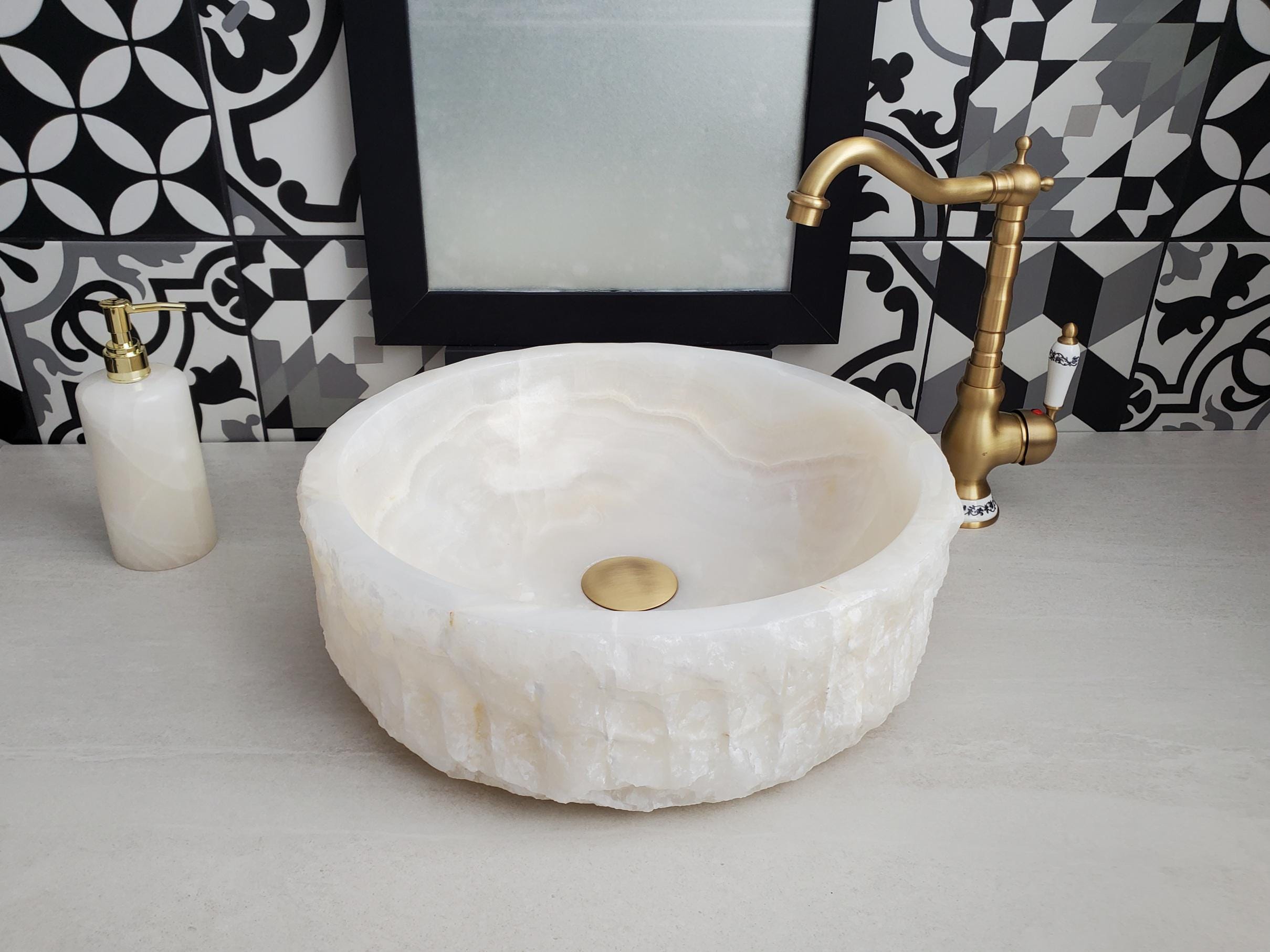 White Onyx Vessel Sink, 15.6x15.6 Inch Natural Stone Countertop Basin, Polished Luxury Vanity Sink, Spa Bathroom Decor Above Counter sink Bathroom Décor beige tan taupe hand basin bowl handmade powder room Home design trends luxury bathroom Marble Onix Rock modern contemporary natural stone sink plumbing fixture Rectangle Vessel Tan Rustic Onyx Vessel Sinks Translucent Polish