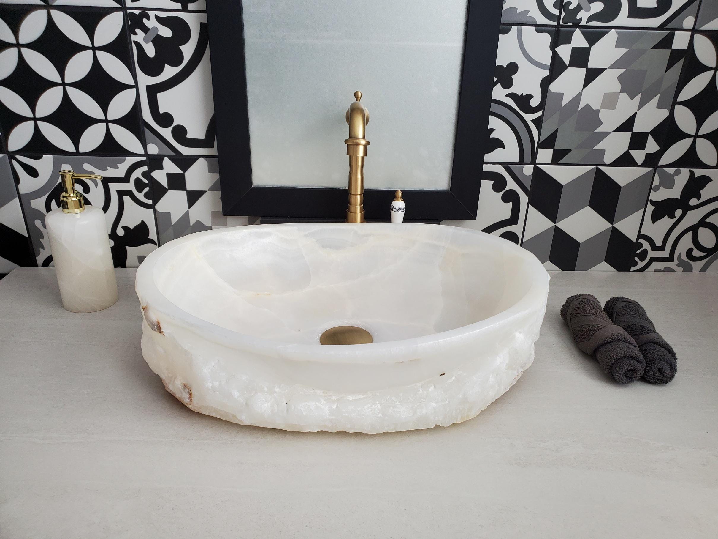 White Onyx Vessel Sink – Oval Natural Stone Countertop Sink, Polished Vanity Basin, Luxury Spa Bathroom Decor 18.5x13.5 Inch Above Counter sink Bathroom Décor beige tan taupe hand basin bowl handmade powder room Home design trends luxury bathroom Marble Onix Rock modern contemporary natural stone sink plumbing fixture Rectangle Vessel Tan Rustic Onyx Vessel Sinks Translucent Polish