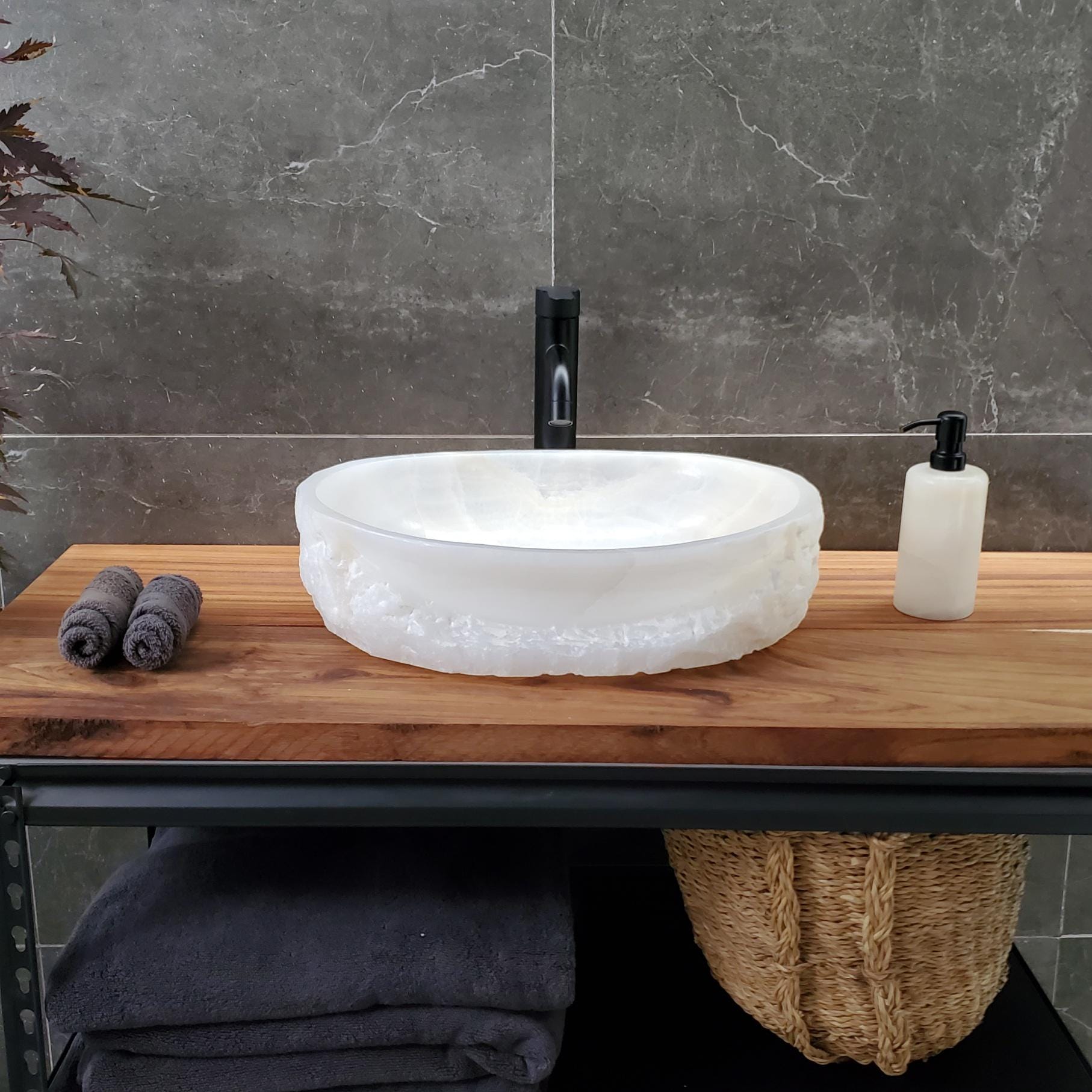 White Onyx Vessel Sink – Oval Natural Stone Countertop Sink, Polished Vanity Basin, Luxury Spa Bathroom Decor 18.5x13.5 Inch Above Counter sink Bathroom Décor beige tan taupe hand basin bowl handmade powder room Home design trends luxury bathroom Marble Onix Rock modern contemporary natural stone sink plumbing fixture Rectangle Vessel Tan Rustic Onyx Vessel Sinks Translucent Polish