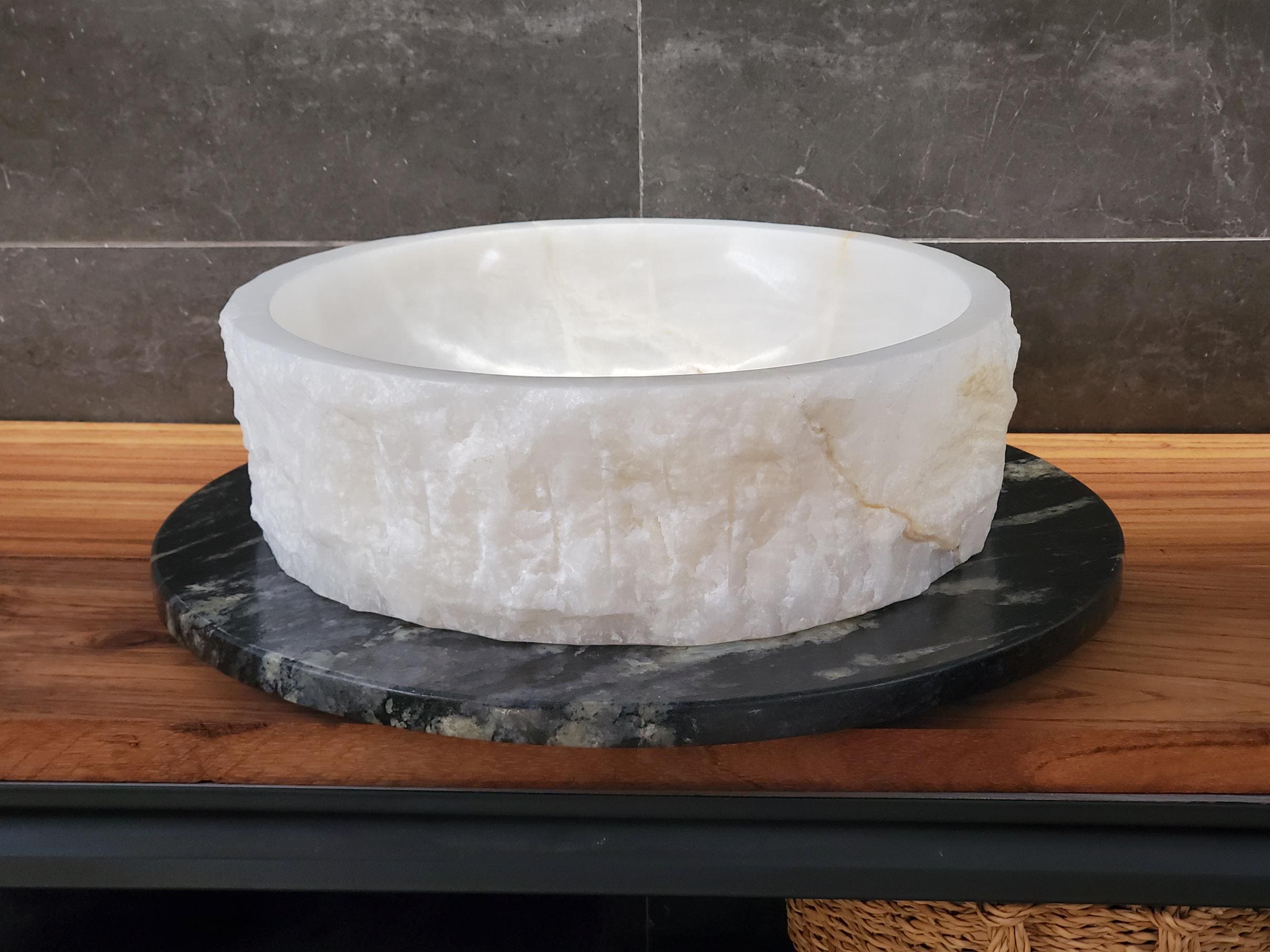 White Onyx Vessel Sink, 16x16 Inch Natural Stone Countertop Basin, Polished Luxury Vanity Sink, Spa Bathroom Decor Above Counter sink Bathroom Décor beige tan taupe hand basin bowl handmade powder room Home design trends luxury bathroom Marble Onix Rock modern contemporary natural stone sink plumbing fixture Rectangle Vessel Tan Rustic Onyx Vessel Sinks Translucent Polish