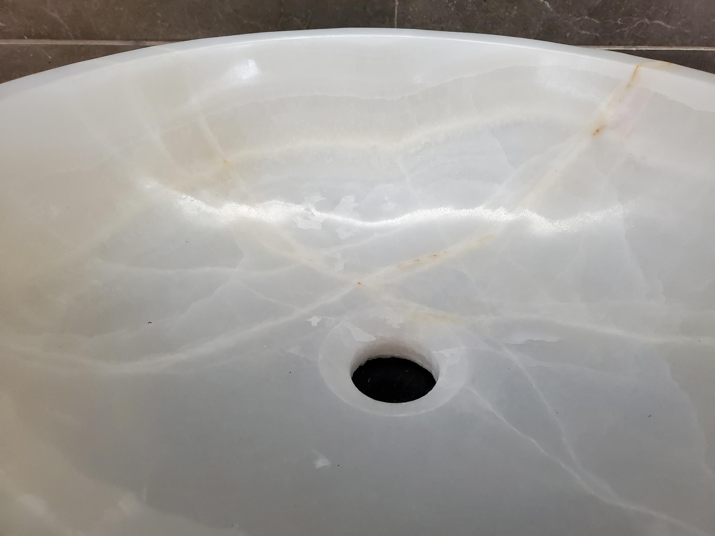White Onyx Vessel Sink – Round Natural Stone Countertop Sink, Polished Vanity Basin, Luxury Spa Bathroom Decor 15.8x15.8 Inch Above Counter sink Bathroom Décor beige tan taupe hand basin bowl handmade powder room Home design trends luxury bathroom Marble Onix Rock modern contemporary natural stone sink plumbing fixture Rectangle Vessel Tan Rustic Onyx Vessel Sinks Translucent Polish