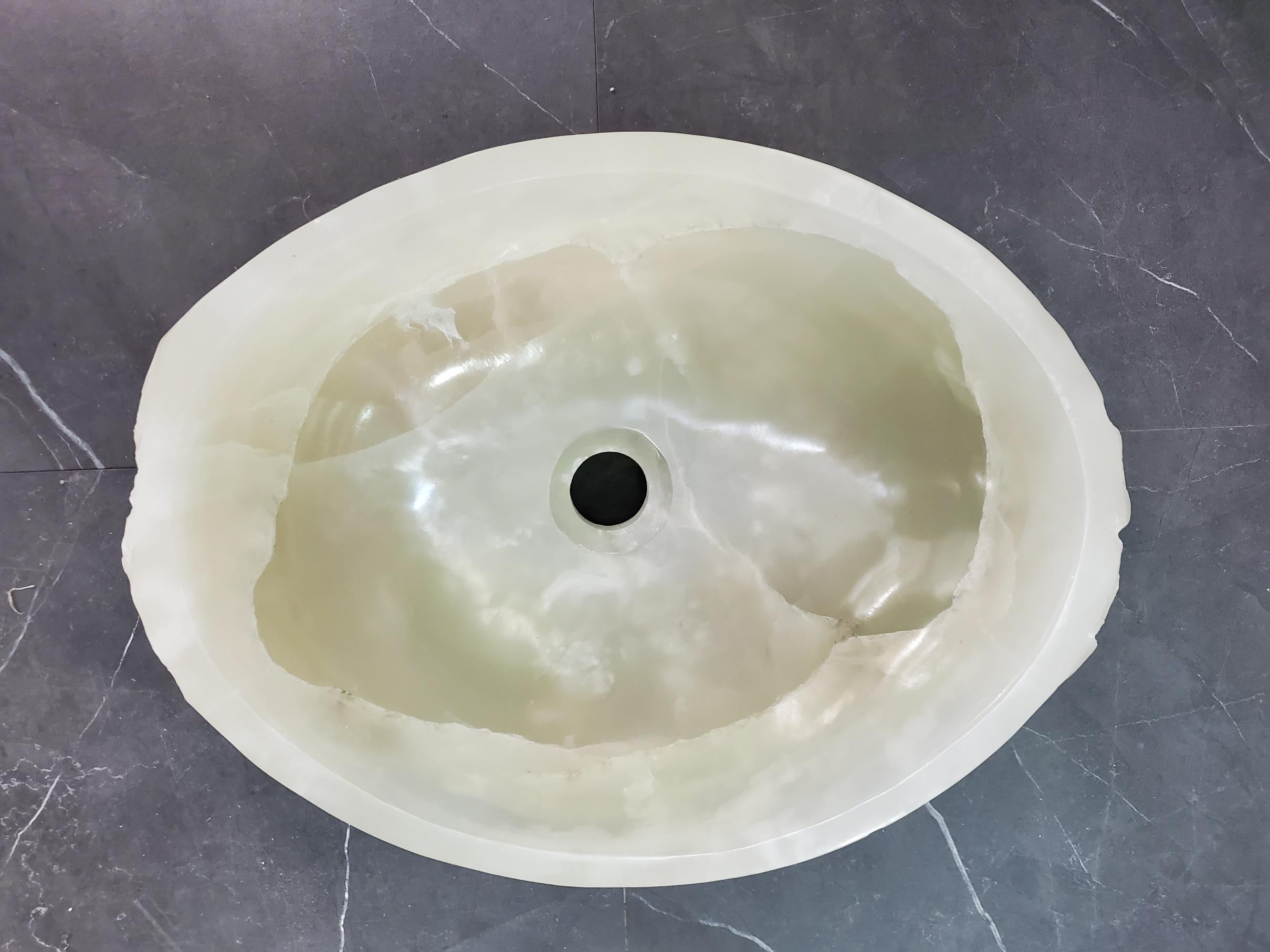 Green Onyx Vessel Sink, 17x13 Inch Natural Stone Countertop Basin, Polished Luxury Vanity Sink, Spa Bathroom Decor Above Counter sink Bathroom Décor beige tan taupe hand basin bowl handmade powder room Home design trends luxury bathroom Marble Onix Rock modern contemporary natural stone sink plumbing fixture Rectangle Vessel Tan Rustic Onyx Vessel Sinks Translucent Polish