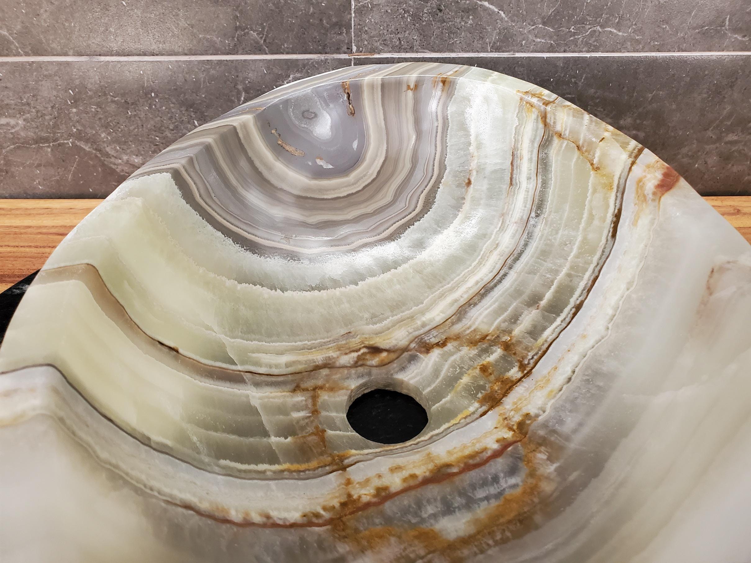 Green Onyx Vessel Sink – Oval Natural Stone Countertop Sink, Polished Vanity Basin, Luxury Spa Bathroom Decor 15.5x11 Inch Above Counter sink Bathroom Décor beige tan taupe hand basin bowl handmade powder room Home design trends luxury bathroom Marble Onix Rock modern contemporary natural stone sink plumbing fixture Rectangle Vessel Tan Rustic Onyx Vessel Sinks Translucent Polish