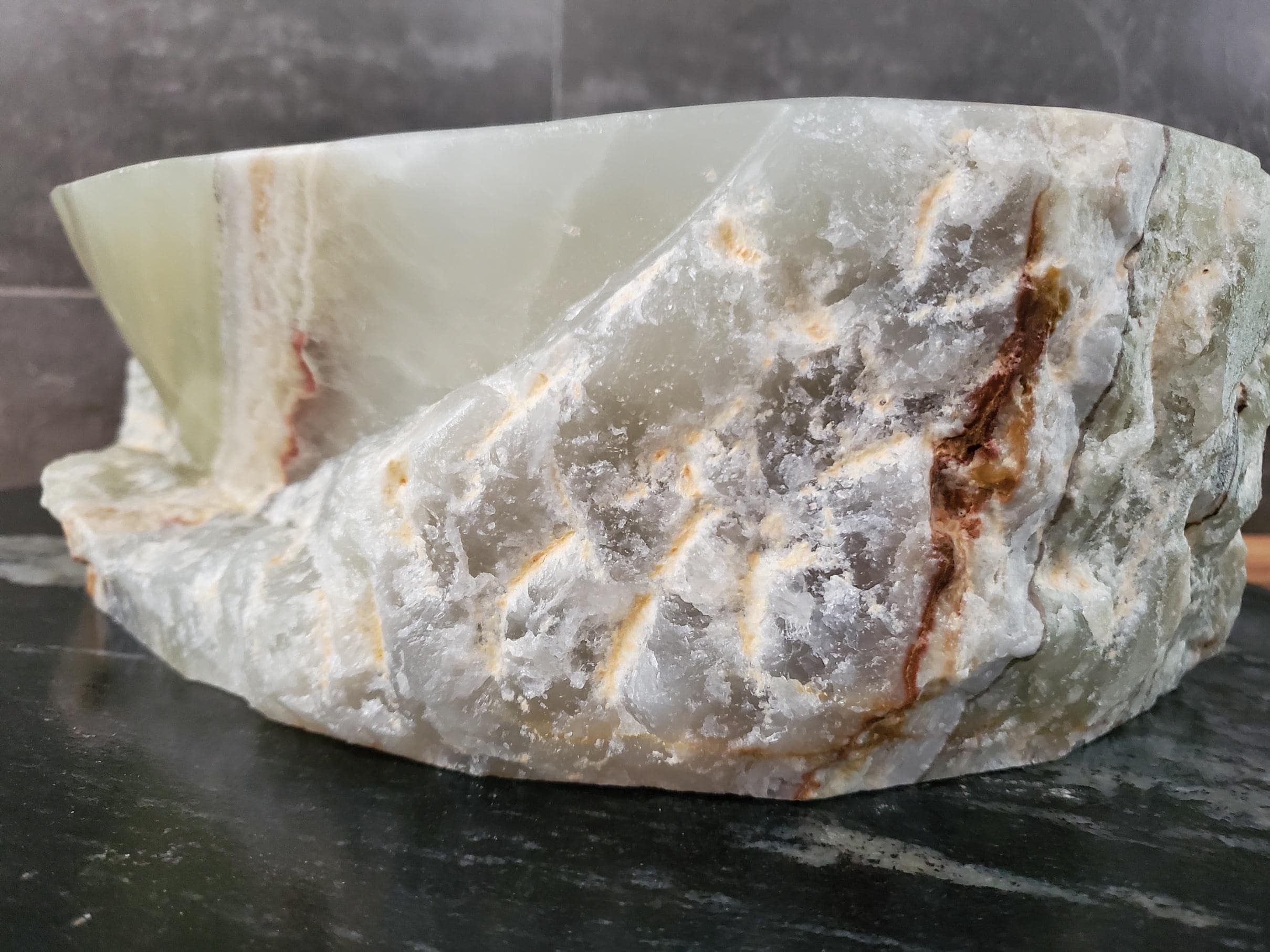 Green Onyx Vessel Sink, 15x11 Inch Natural Stone Countertop Basin, Polished Luxury Vanity Sink, Spa Bathroom Decor Above Counter sink Bathroom Décor beige tan taupe hand basin bowl handmade powder room Home design trends luxury bathroom Marble Onix Rock modern contemporary natural stone sink plumbing fixture Rectangle Vessel Tan Rustic Onyx Vessel Sinks Translucent Polish