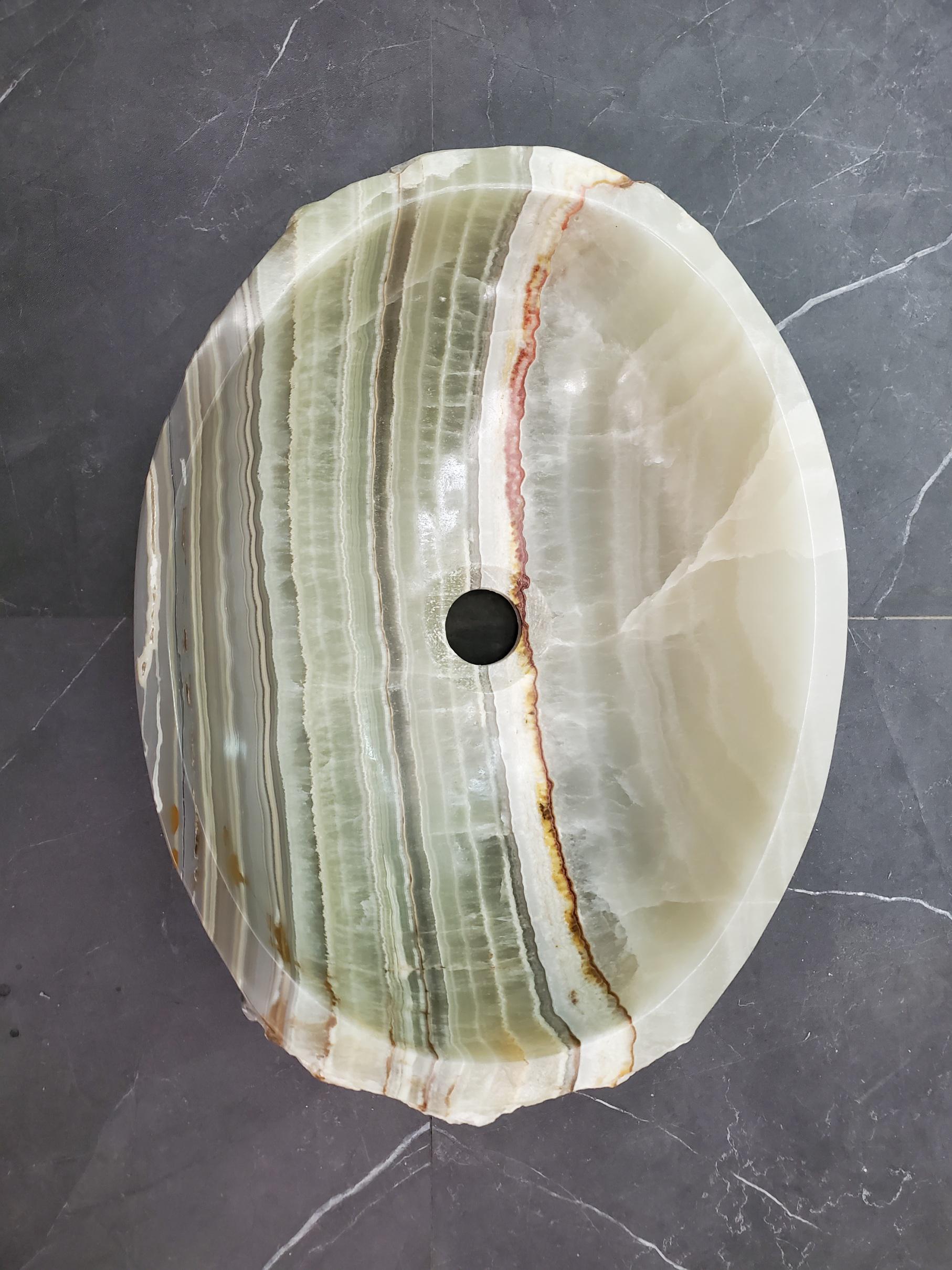 Green Onyx Vessel Sink, Natural Stone Vanity Basin, Polished Bathroom Countertop Sink, Spa Decor 16.5x12.5 Inch Above Counter sink Bathroom Décor beige tan taupe hand basin bowl handmade powder room Home design trends luxury bathroom Marble Onix Rock modern contemporary natural stone sink plumbing fixture Rectangle Vessel Tan Rustic Onyx Vessel Sinks Translucent Polish
