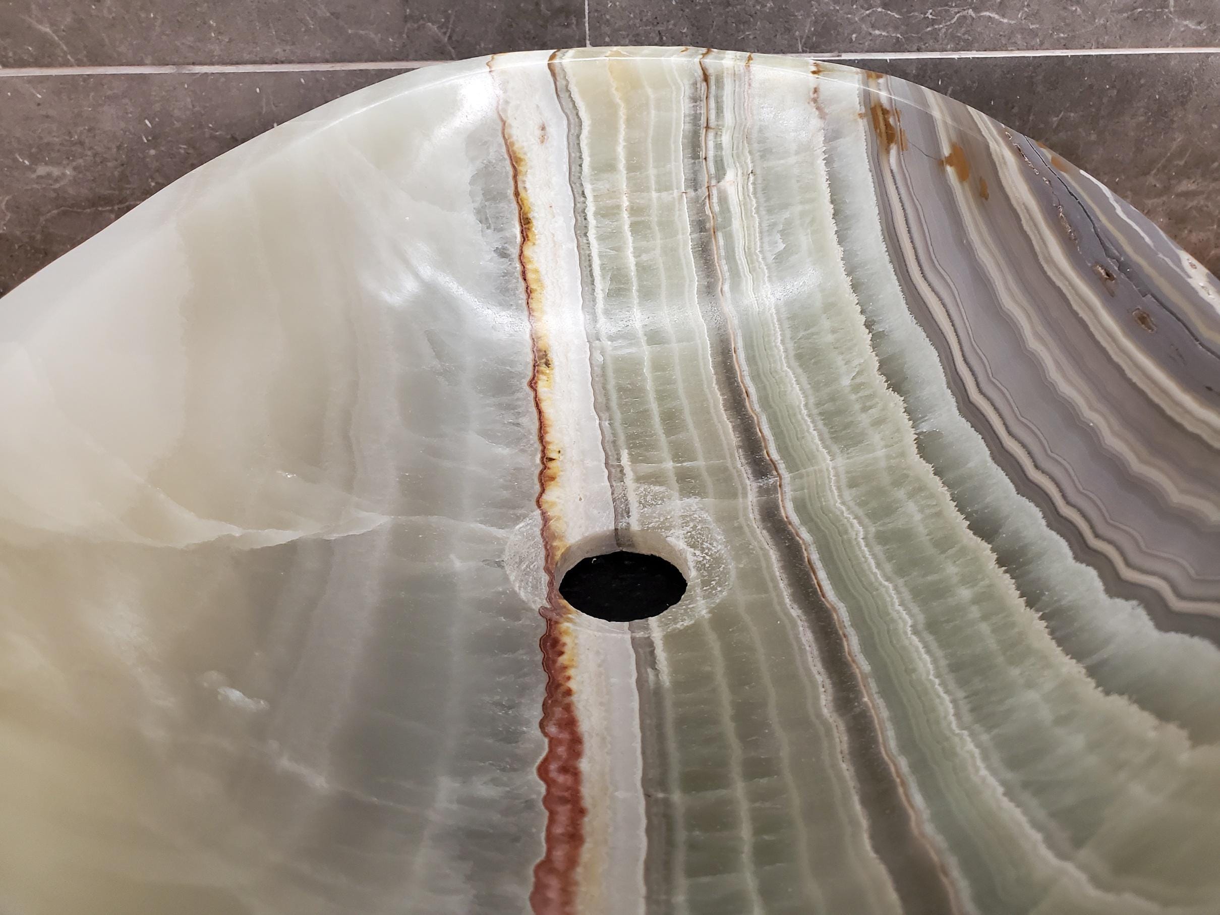 Green Onyx Vessel Sink, Natural Stone Vanity Basin, Polished Bathroom Countertop Sink, Spa Decor 16.5x12.5 Inch Above Counter sink Bathroom Décor beige tan taupe hand basin bowl handmade powder room Home design trends luxury bathroom Marble Onix Rock modern contemporary natural stone sink plumbing fixture Rectangle Vessel Tan Rustic Onyx Vessel Sinks Translucent Polish
